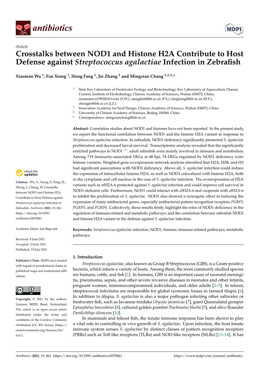 Crosstalks Between NOD1 and Histone H2A Contribute to Host Defense Against Streptococcus Agalactiae Infection in Zebrafish