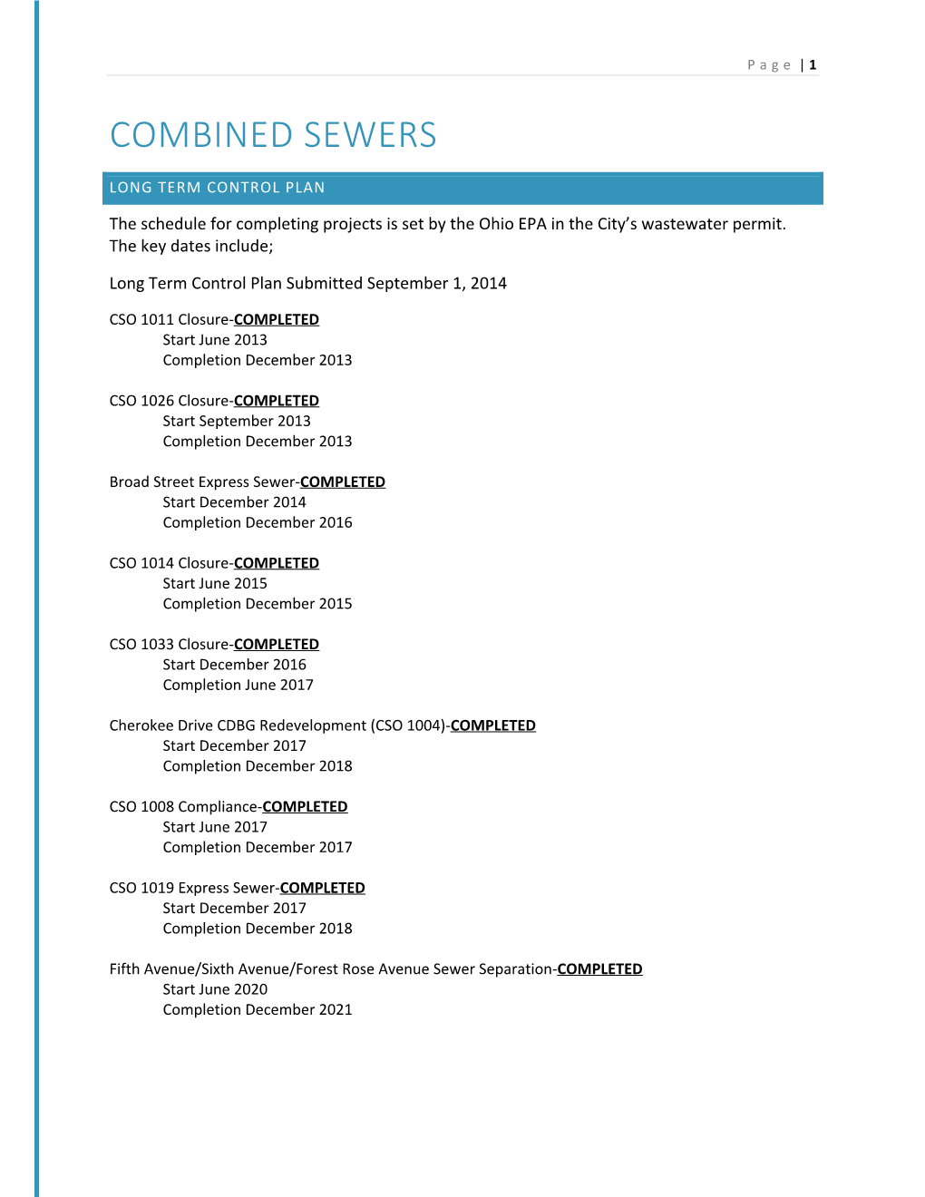 Schedule for Completing Projects Is Set by the Ohio EPA in the City’S Wastewater Permit