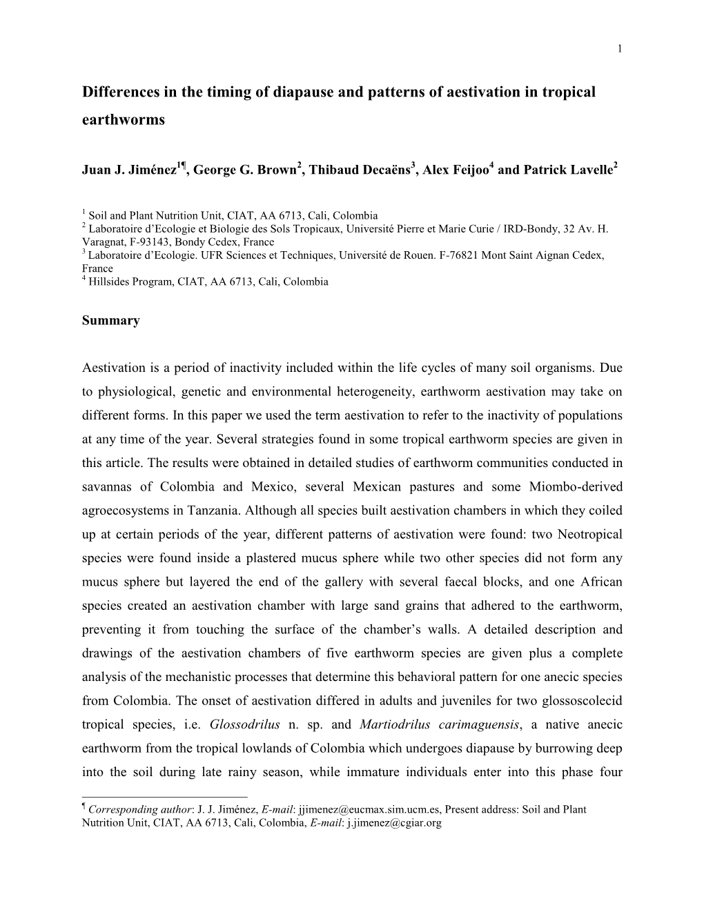 Patterns of Aestivation in Tropical Earthworms