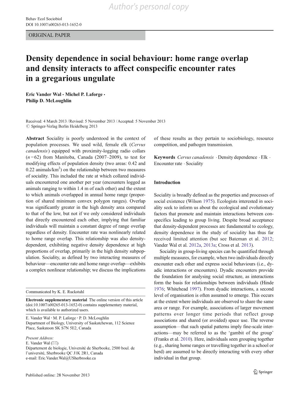 Home Range Overlap and Density Interacts to Affect Conspecific Encounter Rates in a Gregarious Ungulate