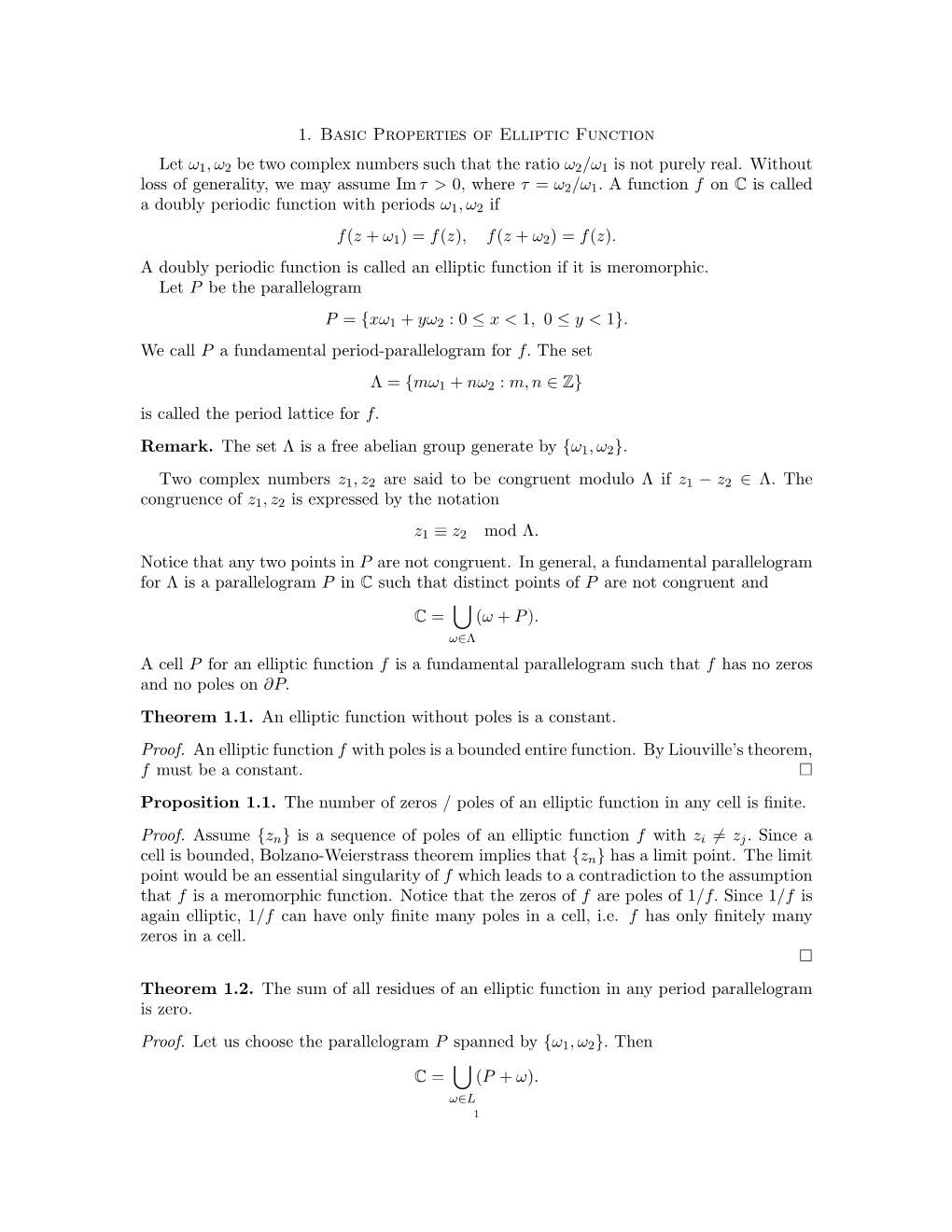 1. Basic Properties of Elliptic Function Let Ω1,Ω2 Be Two Complex Numbers