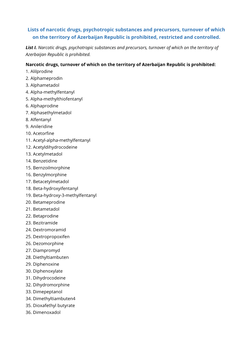 Lists of Narcotic Drugs, Psychotropic Substances and Precursors, Turnover of Which on the Territory of Azerbaijan Republic Is Prohibited, Restricted and Controlled