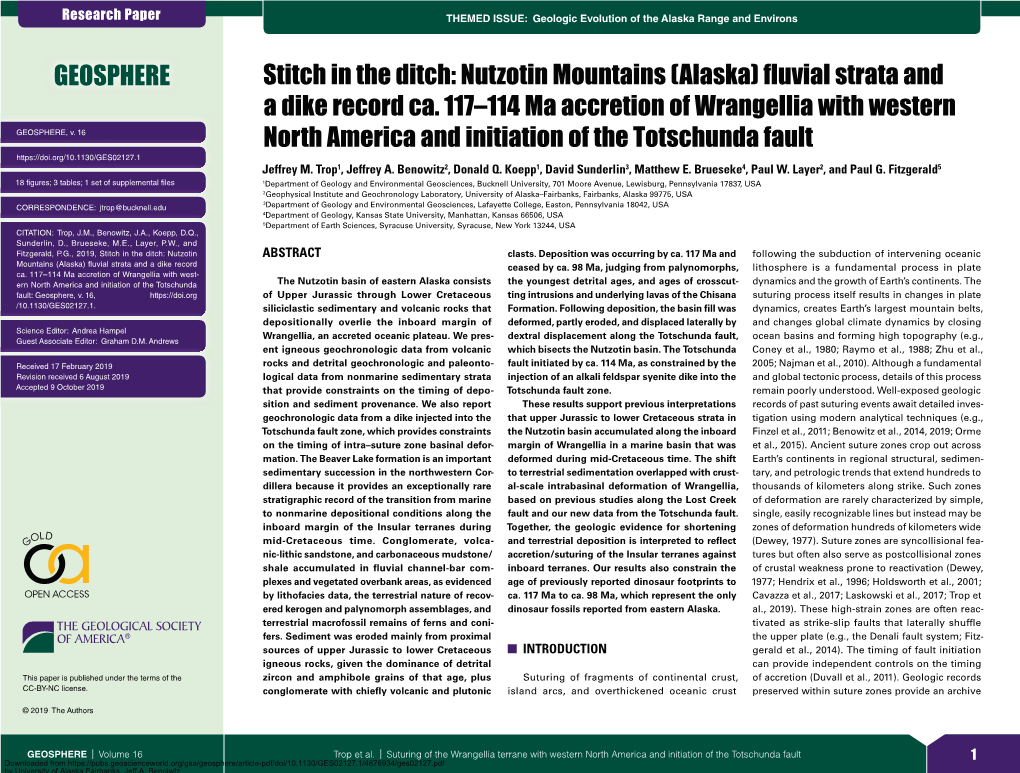 Nutzotin Mountains Alaska) Áuvial Strata and a Dike Record Ca. 117²114 Ma Accretion of Wrangellia with W