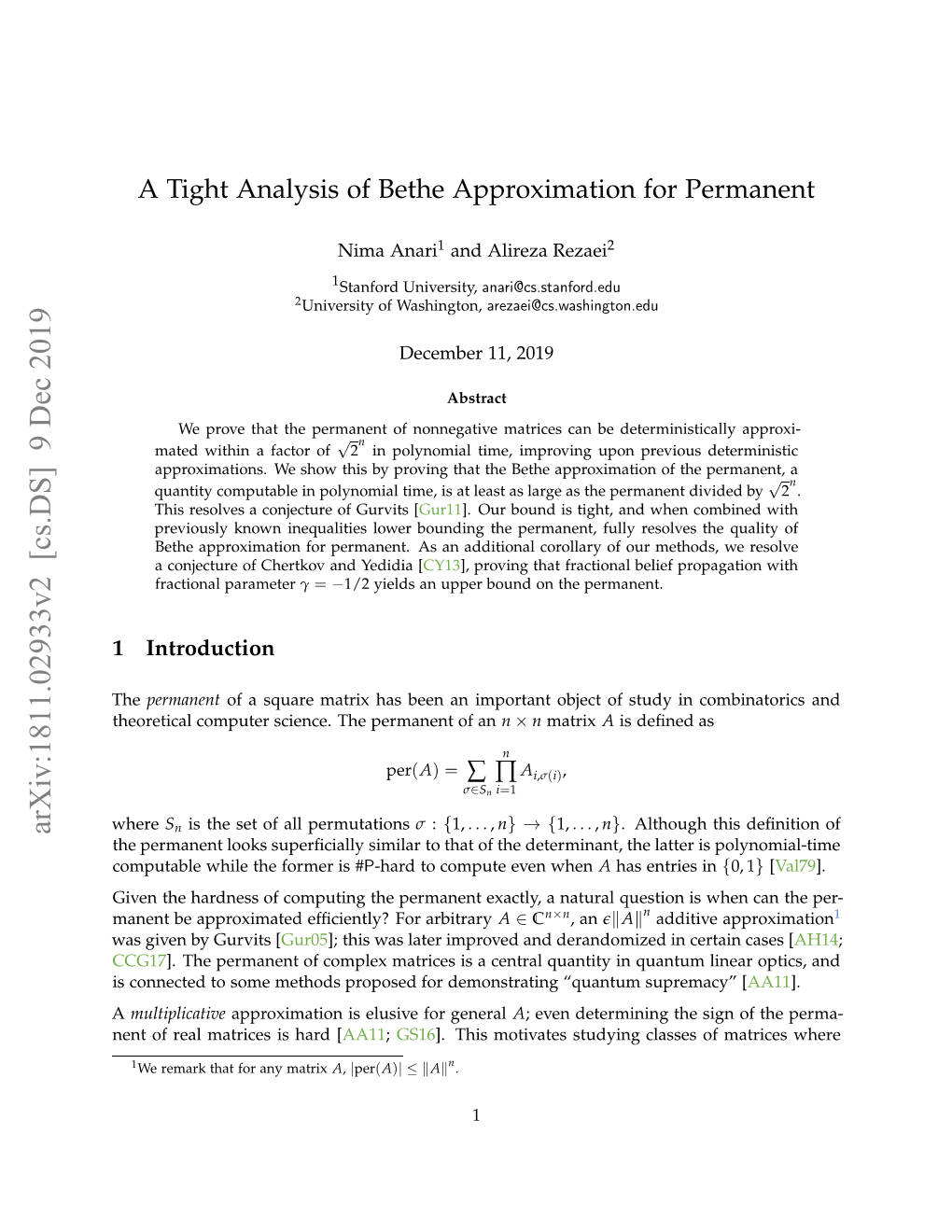 A Tight Analysis of Bethe Approximation for Permanent