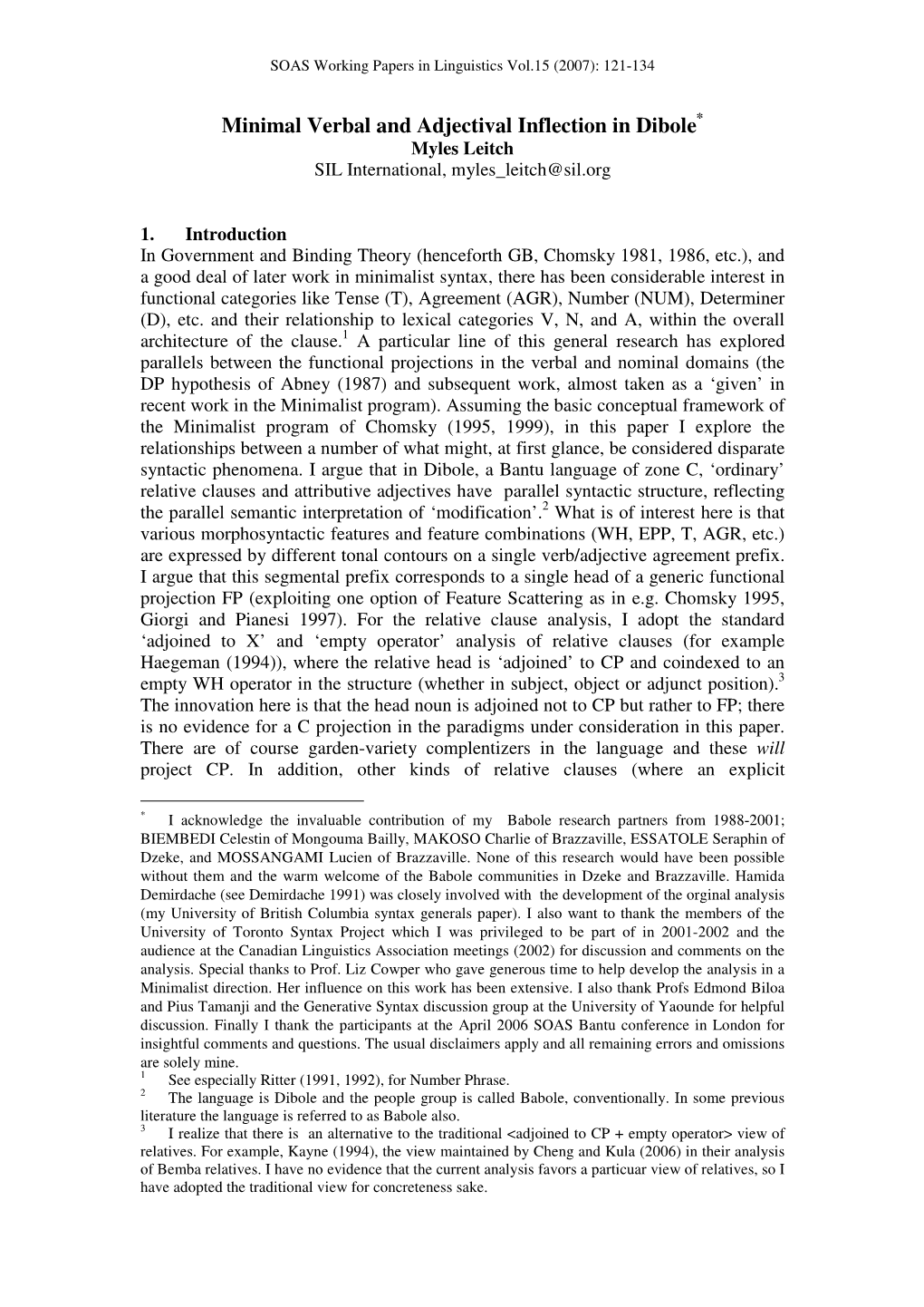 Minimal Verbal and Adjectival Inflection in Dibole * Myles Leitch SIL International, Myles Leitch@Sil.Org