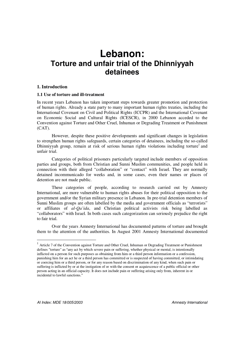 Lebanon: Torture and Unfair Trial of the Dhinniyyah Detainees