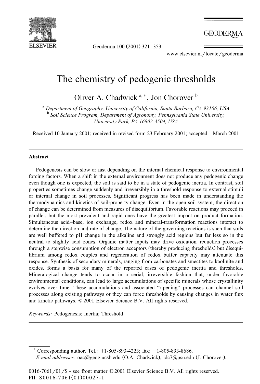 The Chemistry of Pedogenic Thresholds