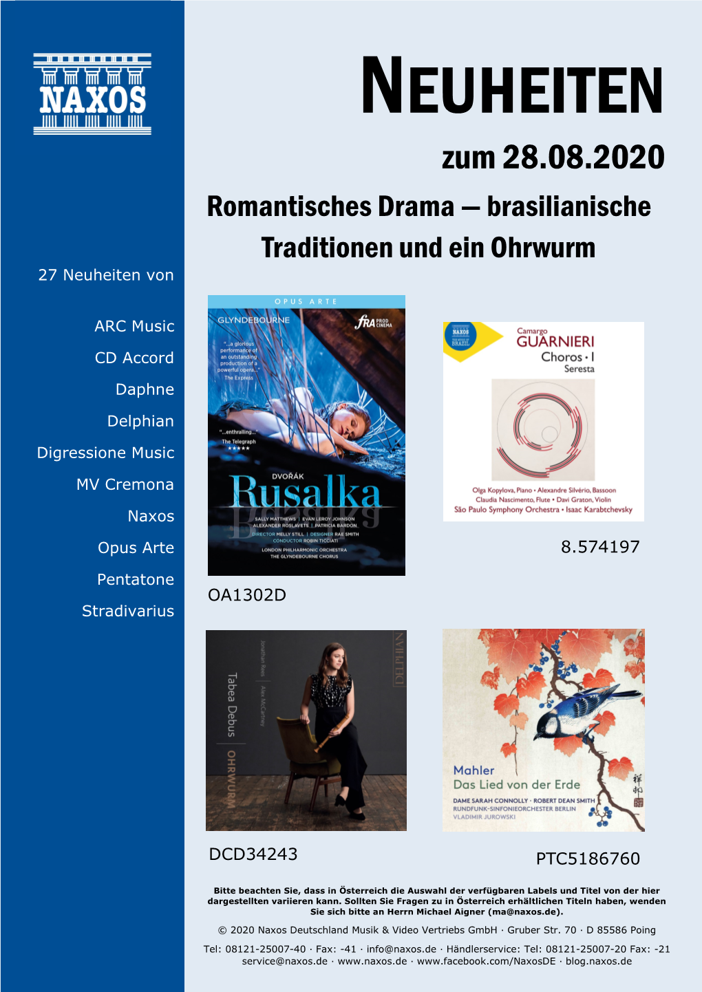 NEUHEITEN Zum 28.08.2020 Romantisches Drama — Brasilianische Traditionen Und Ein Ohrwurm 27 Neuheiten Von