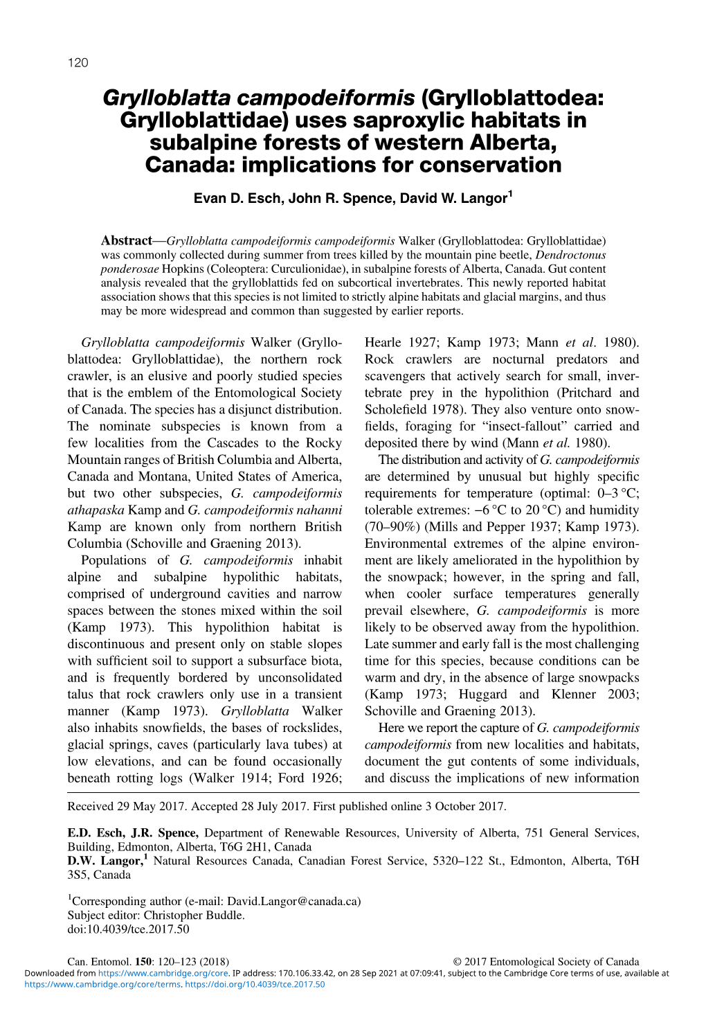 Grylloblatta Campodeiformis (Grylloblattodea: Grylloblattidae) Uses Saproxylic Habitats in Subalpine Forests of Western Alberta, Canada: Implications for Conservation