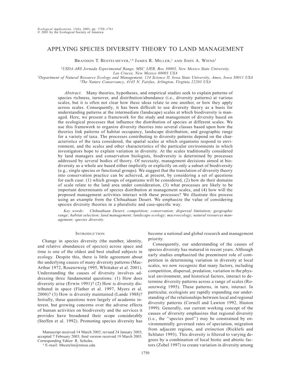 Applying Species Diversity Theory to Land Management