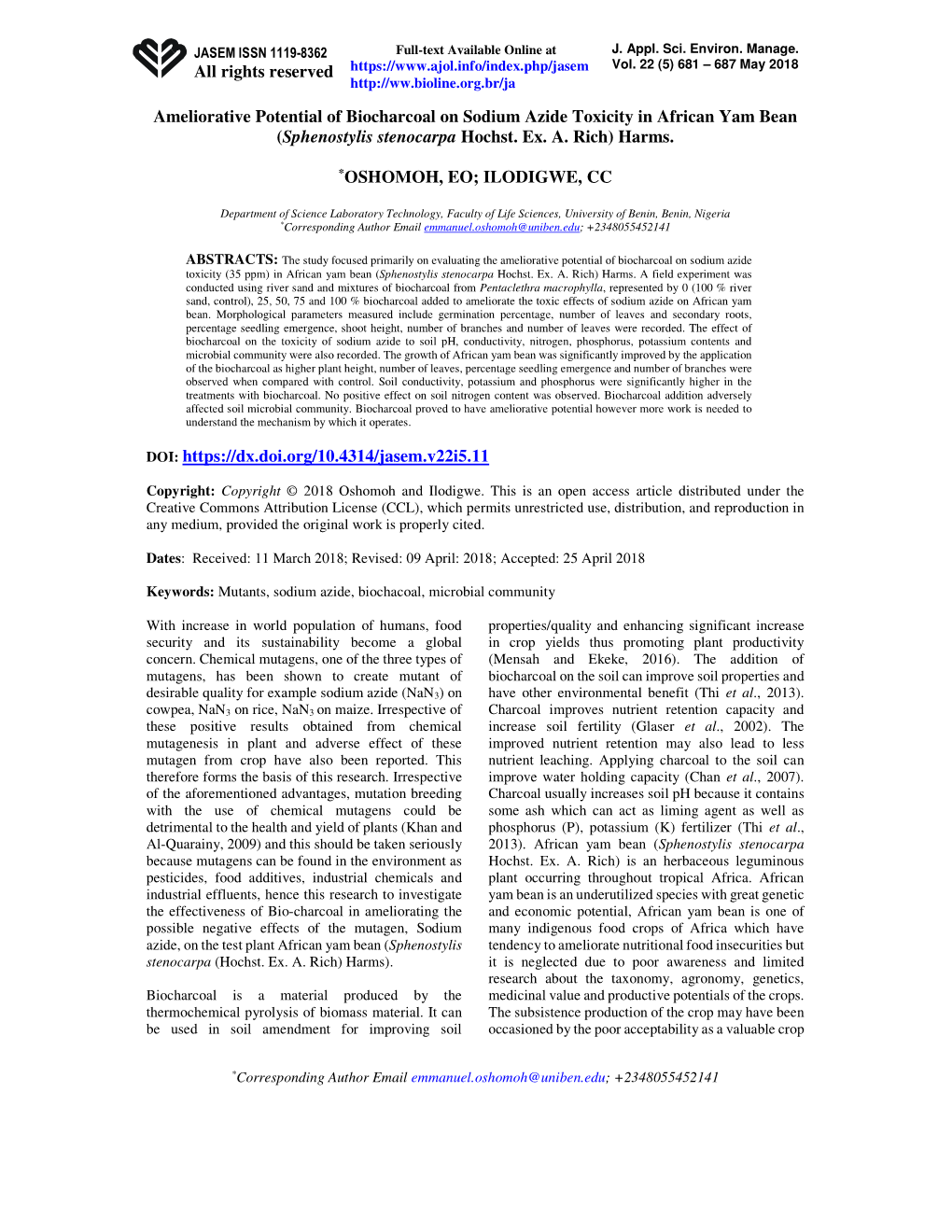 Rights Reserved Ameliorative Potential of Biocharcoal on Sodium Azide