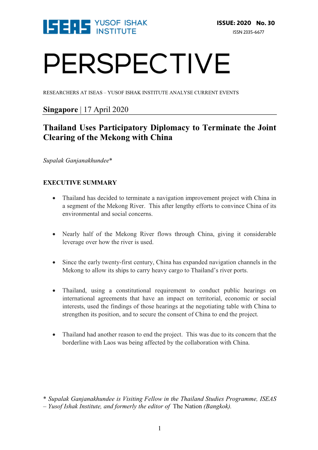 Thailand Uses Participatory Diplomacy to Terminate the Joint Clearing of the Mekong with China