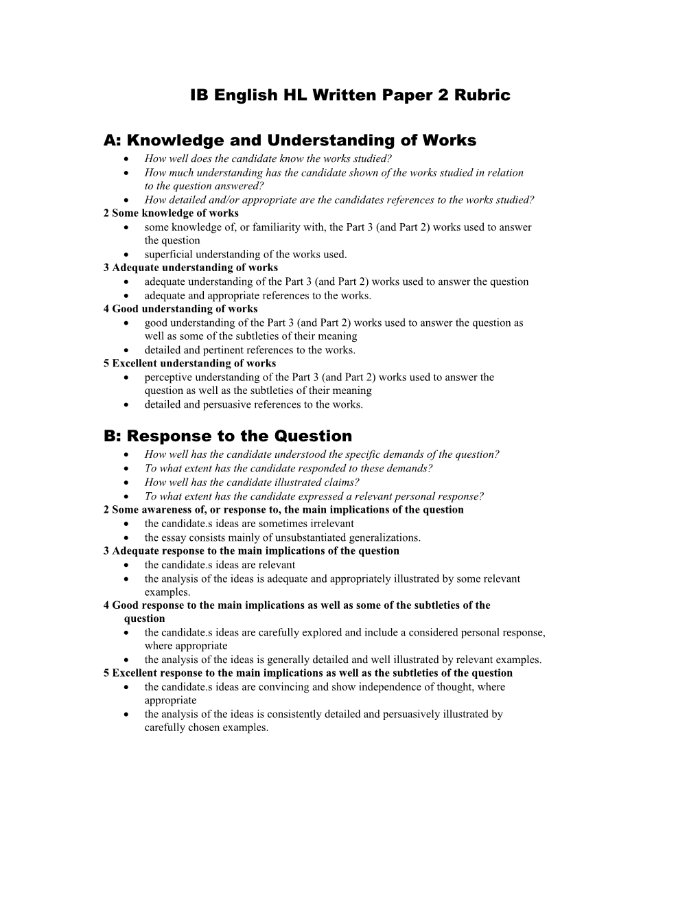 IB English HL Written Paper 2 Rubric