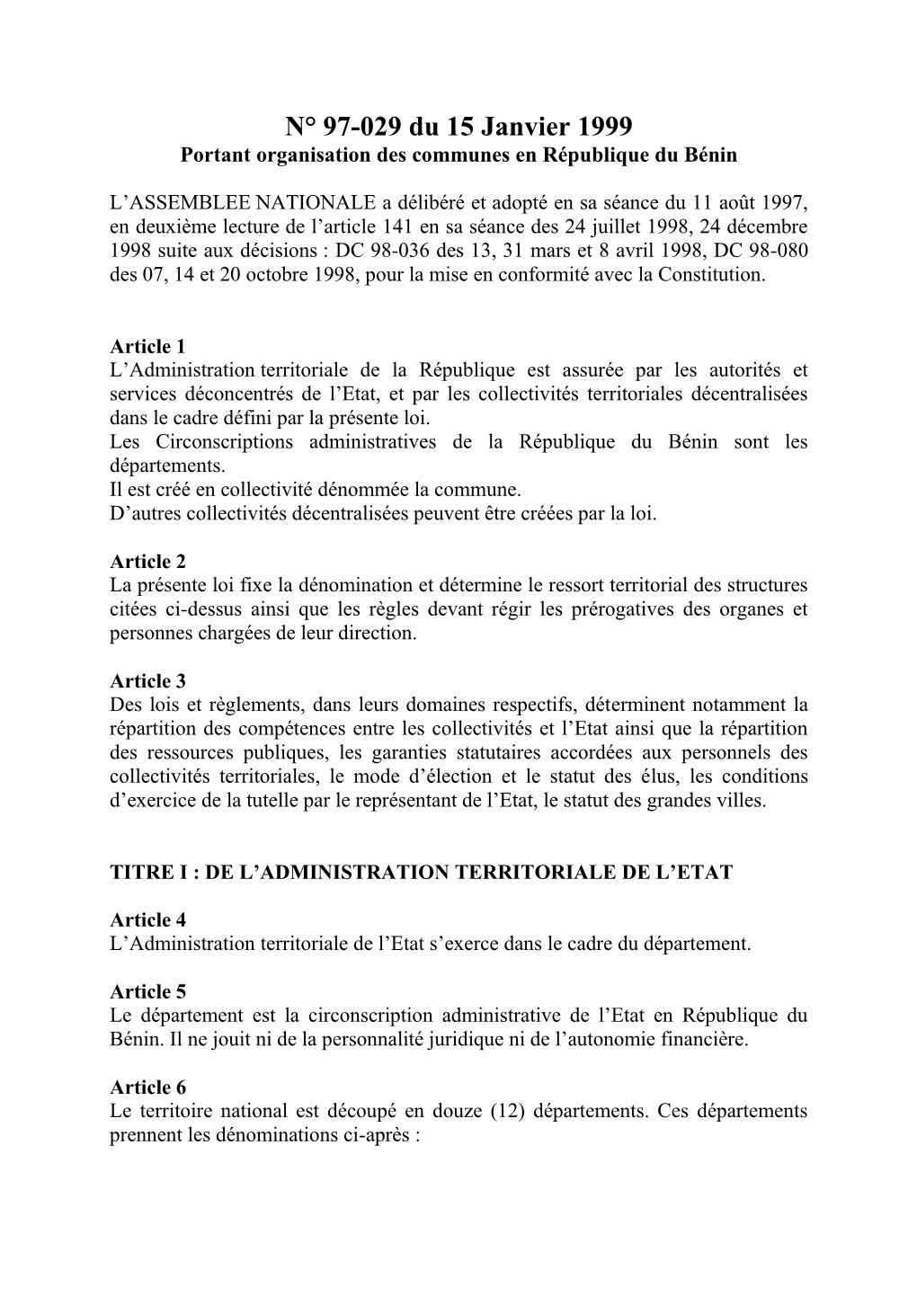 N° 97-029 Du 15 Janvier 1999 Portant Organisation Des Communes En République Du Bénin
