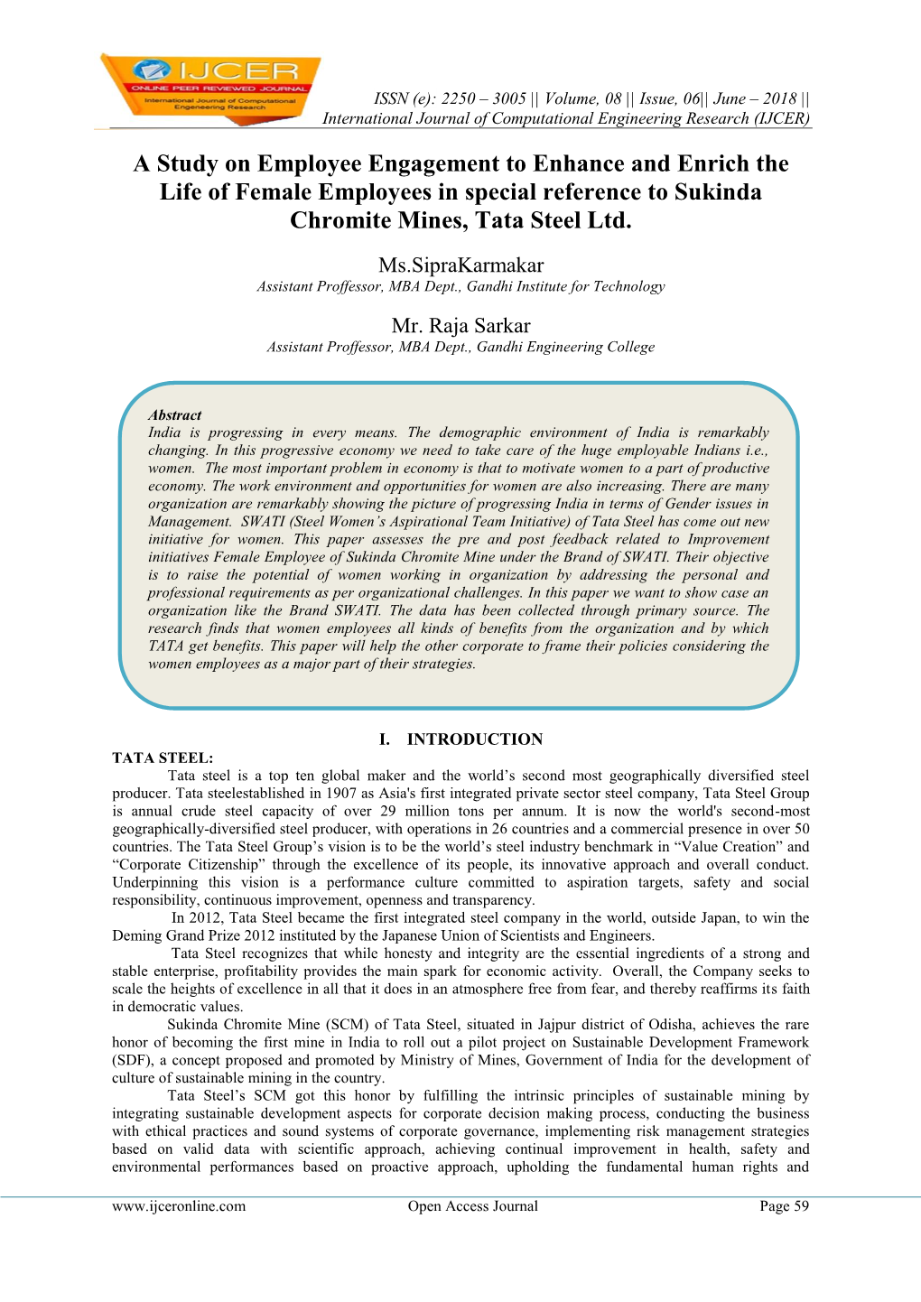 A Study on Employee Engagement to Enhance and Enrich the Life of Female Employees in Special Reference to Sukinda Chromite Mines, Tata Steel Ltd