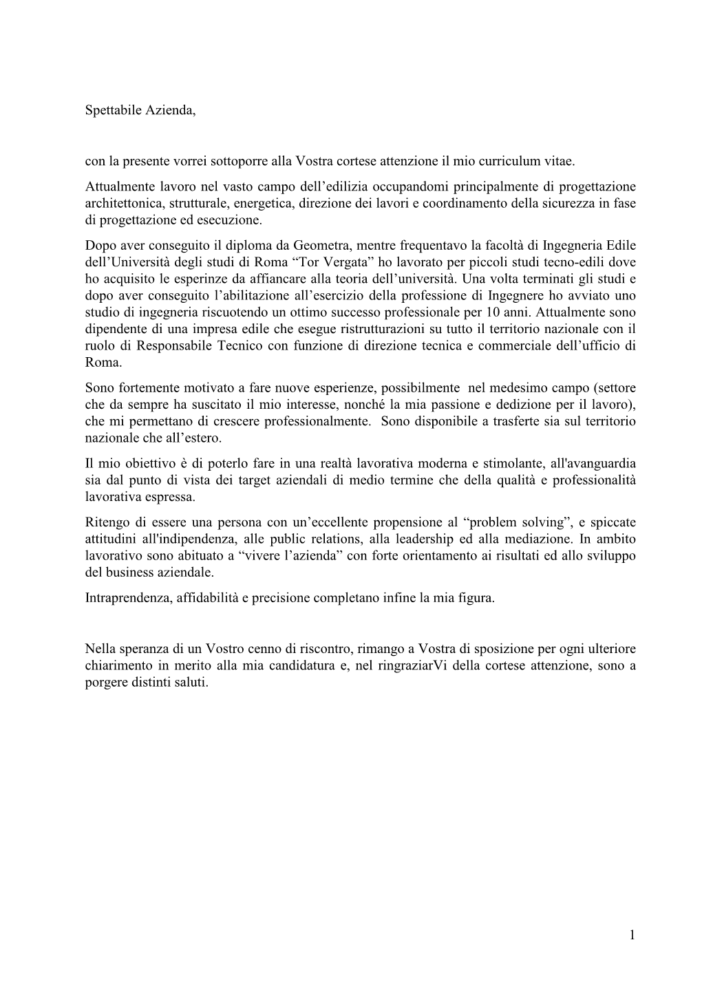 1 Spettabile Azienda, Con La Presente Vorrei Sottoporre Alla Vostra Cortese