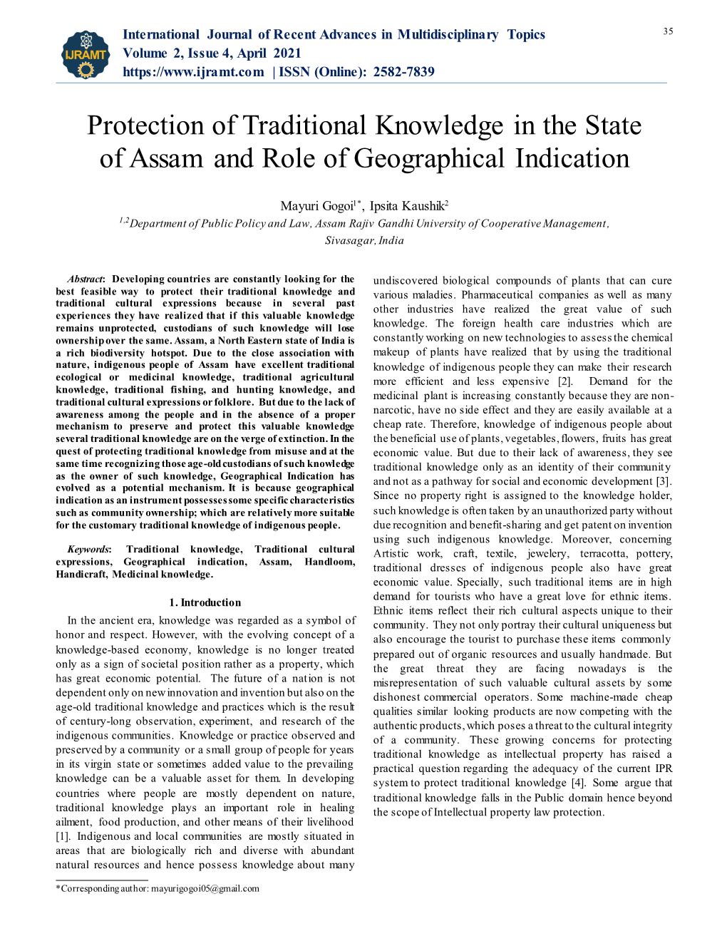 Protection of Traditional Knowledge in the State of Assam and Role of Geographical Indication