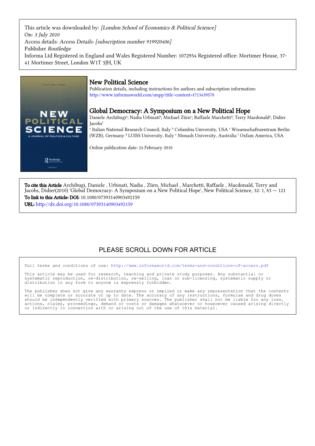 New Political Science Global Democracy: a Symposium on A