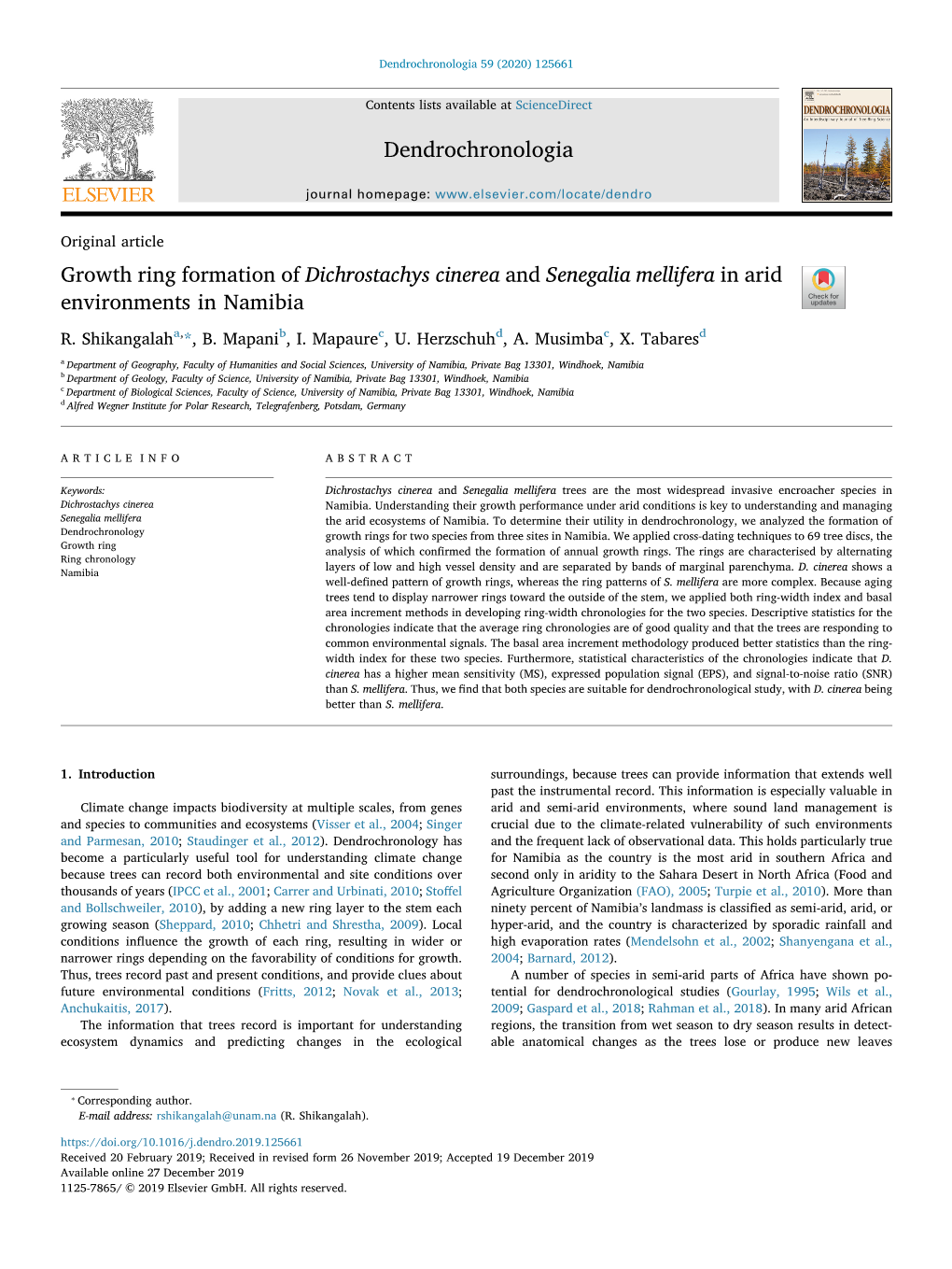 Growth Ring Formation of Dichrostachys Cinerea and Senegalia Mellifera in Arid Environments in Namibia T