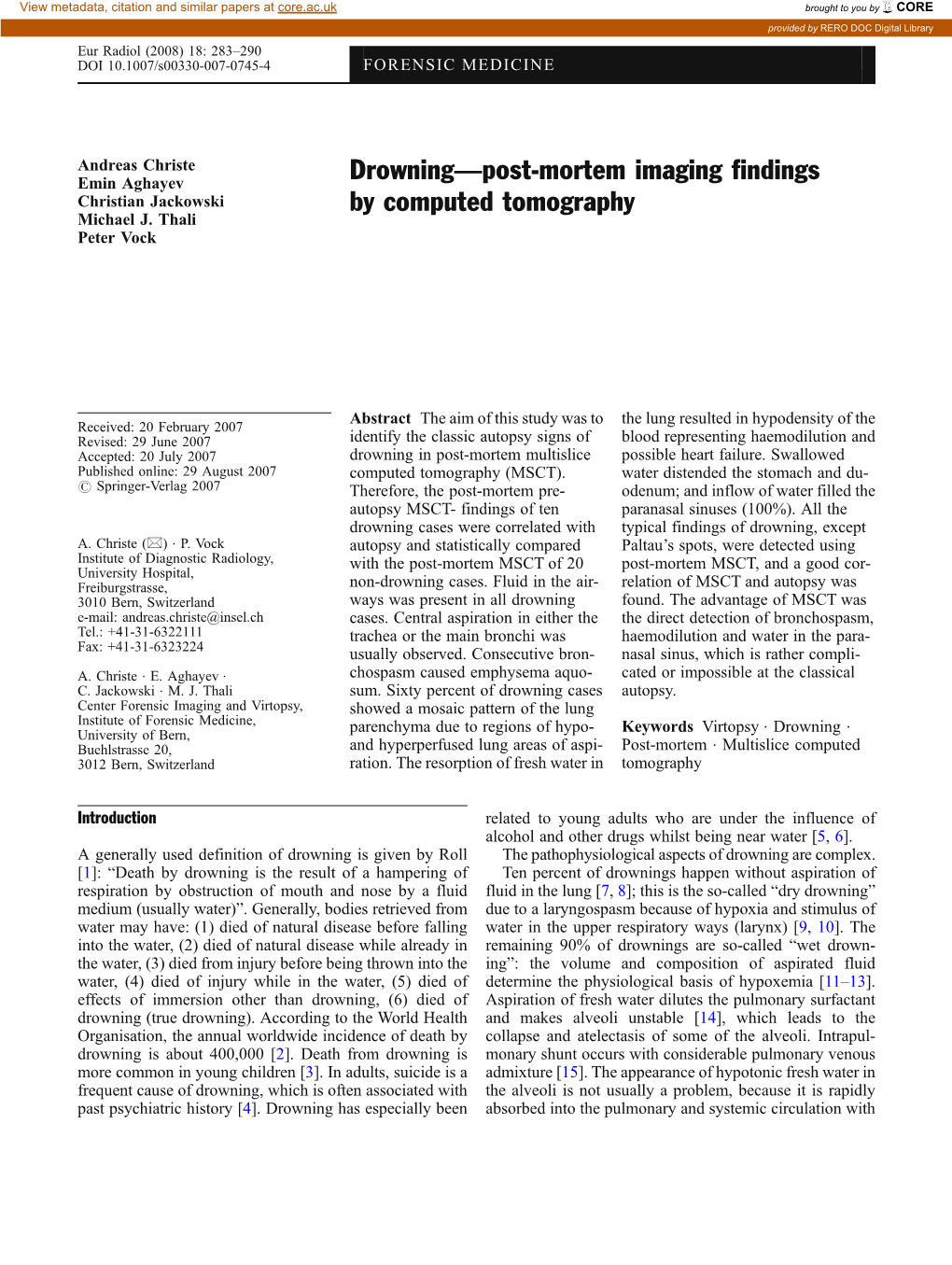 Drowning—Post-Mortem Imaging Findings by Computed Tomography