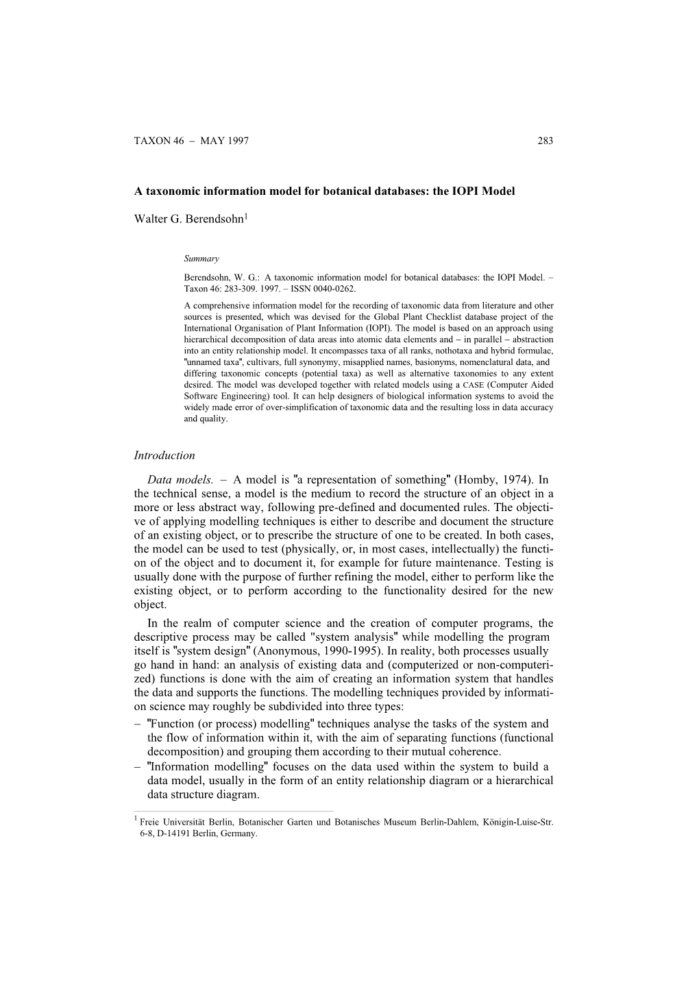 A Taxonomic Information Model for Botanical Databases: the IOPI Model