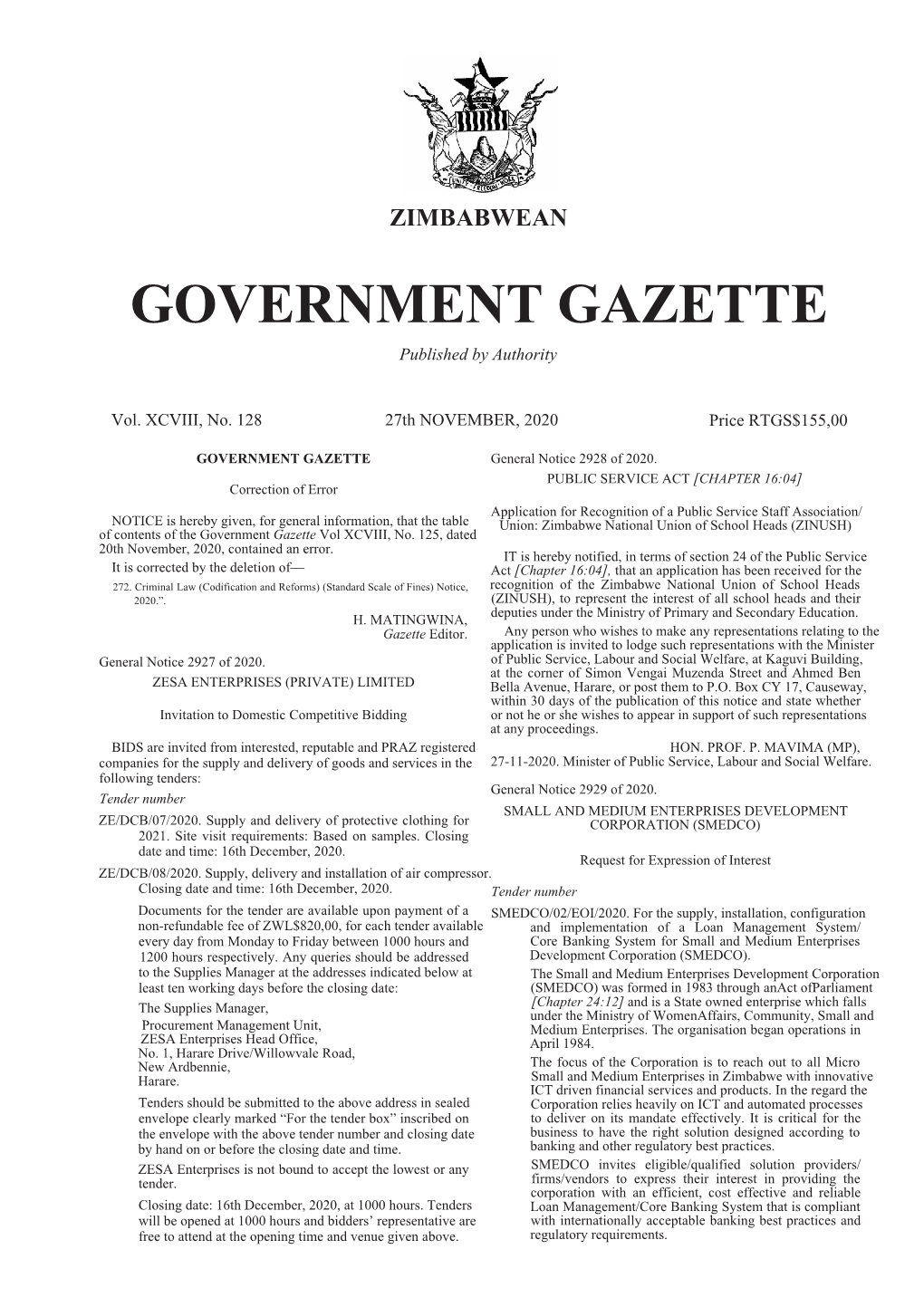 ZIMBABWEAN GOVERNMENT GAZETTE Published by Authority