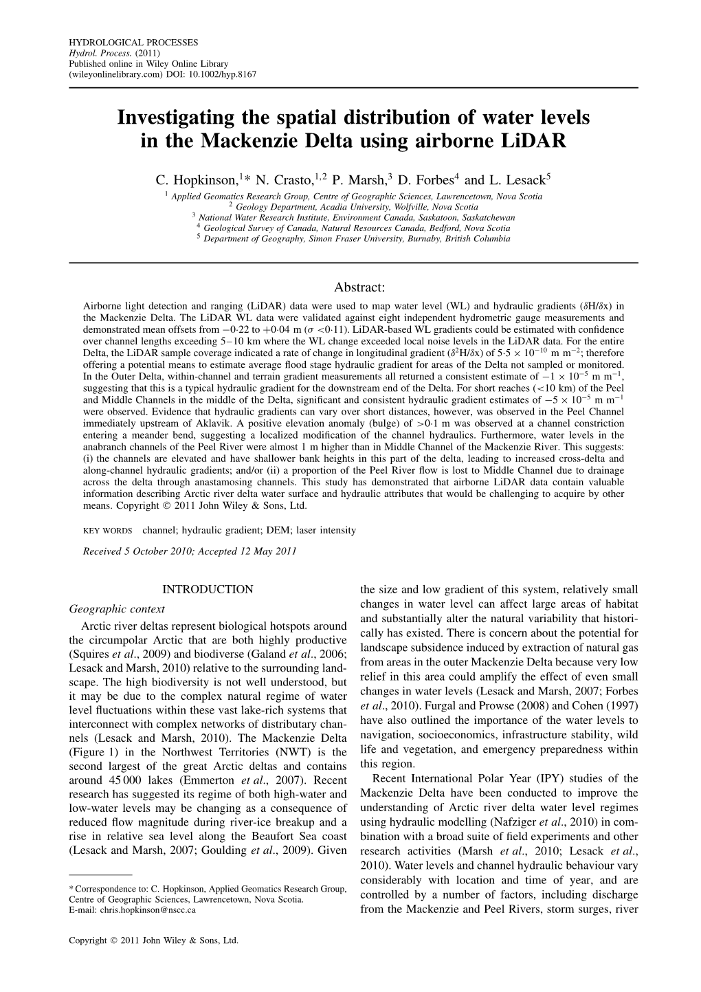 Investigating the Spatial Distribution of Water Levels in the Mackenzie Delta Using Airborne Lidar