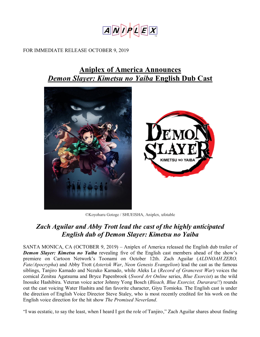 Aniplex of America Announces Demon Slayer: Kimetsu No Yaiba English Dub Cast