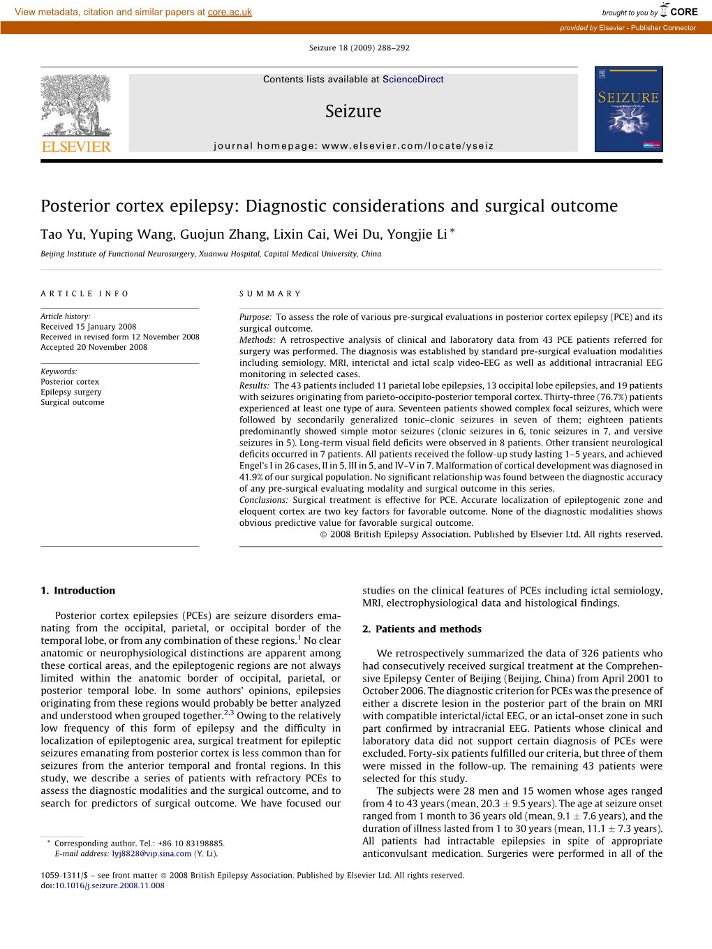 Posterior Cortex Epilepsy: Diagnostic Considerations and Surgical Outcome