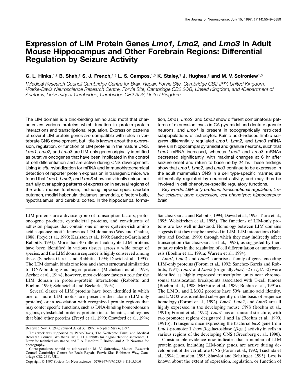 Expression of LIM Protein Genes Lmo1, Lmo2, and Lmo3 in Adult Mouse Hippocampus and Other Forebrain Regions: Differential Regulation by Seizure Activity