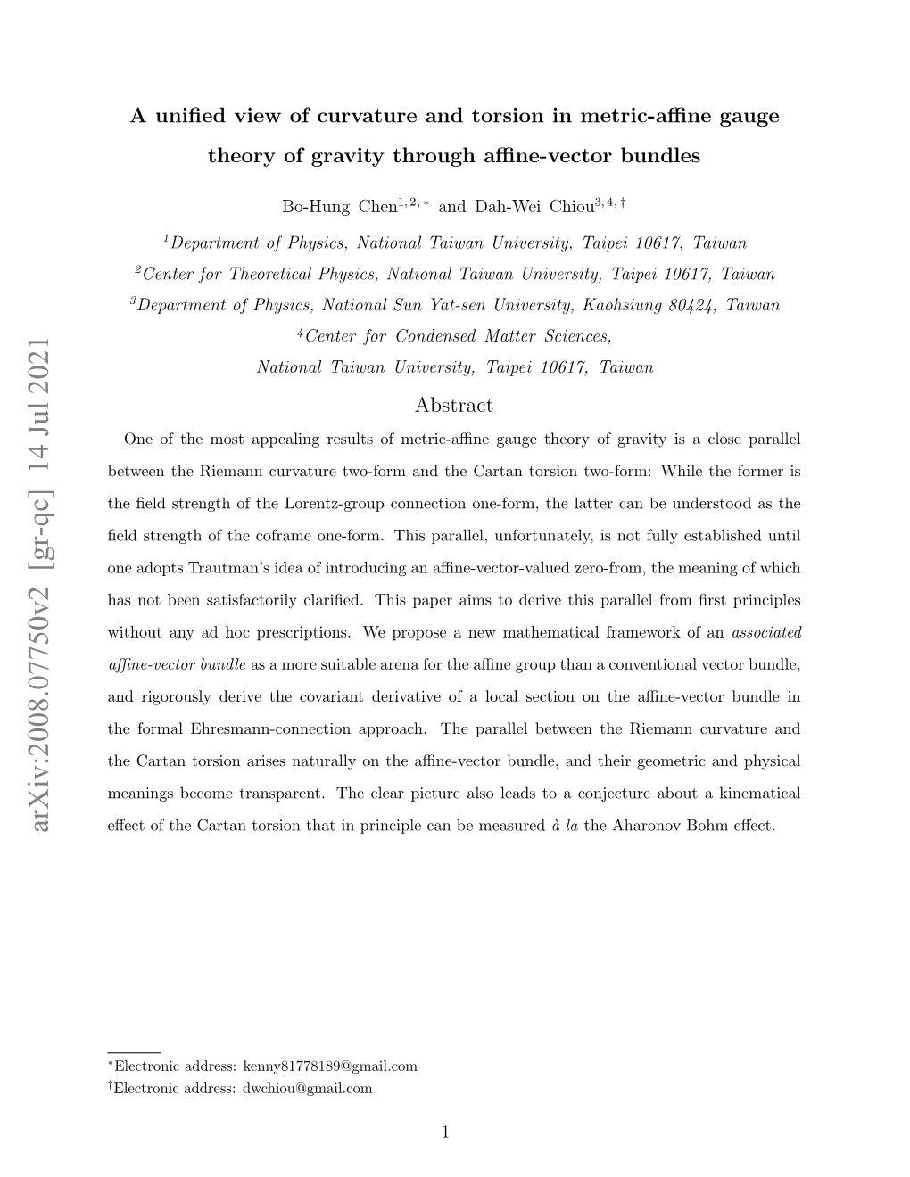 Arxiv:2008.07750V2 [Gr-Qc] 14 Jul 2021 Eﬀect of the Cartan Torsion That in Principle Can Be Measured `Ala the Aharonov-Bohm Eﬀect