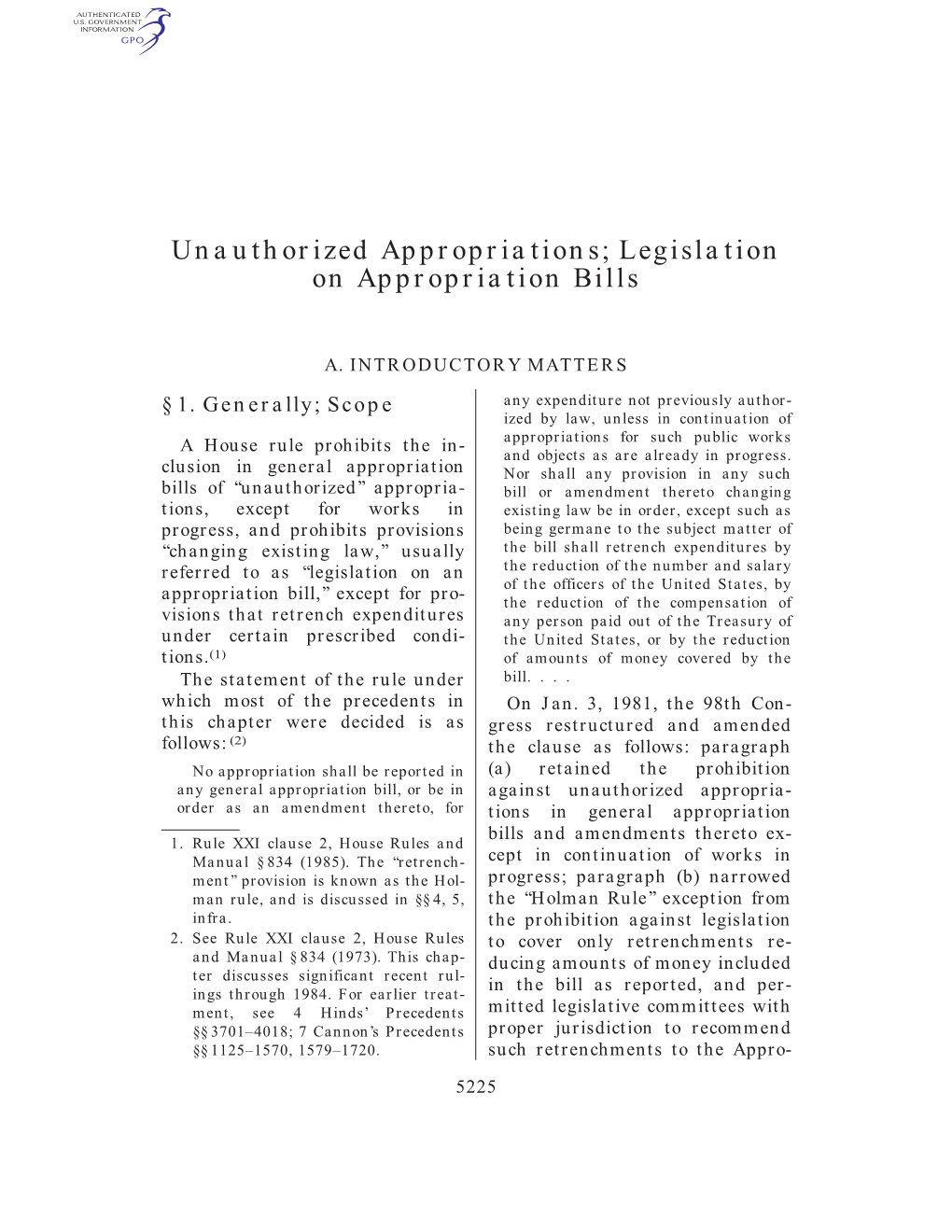 Unauthorized Appropriations; Legislation on Appropriation Bills