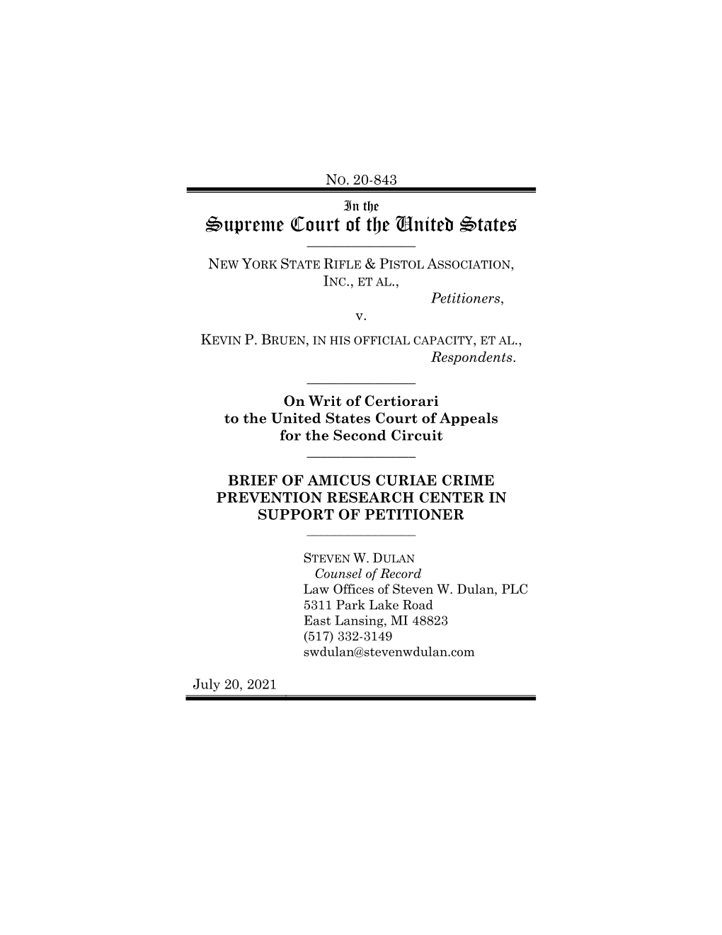 Supreme Court of the United States ______NEW YORK STATE RIFLE & PISTOL ASSOCIATION, INC., ET AL., Petitioners, V