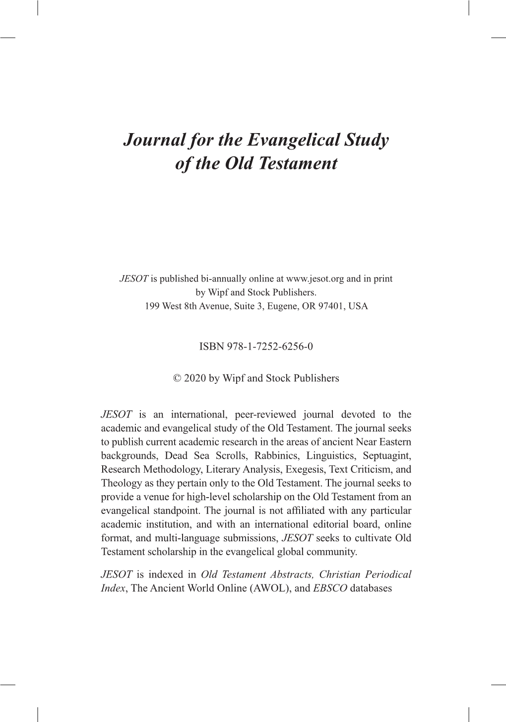 Download Journal for the Evangelical Study of the Old Testament