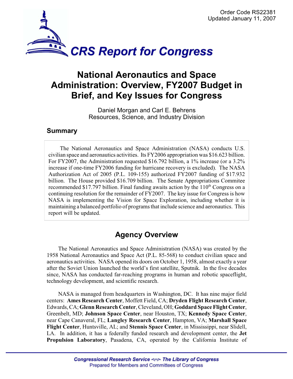 National Aeronautics and Space Administration: Overview, FY2007 Budget in Brief, and Key Issues for Congress