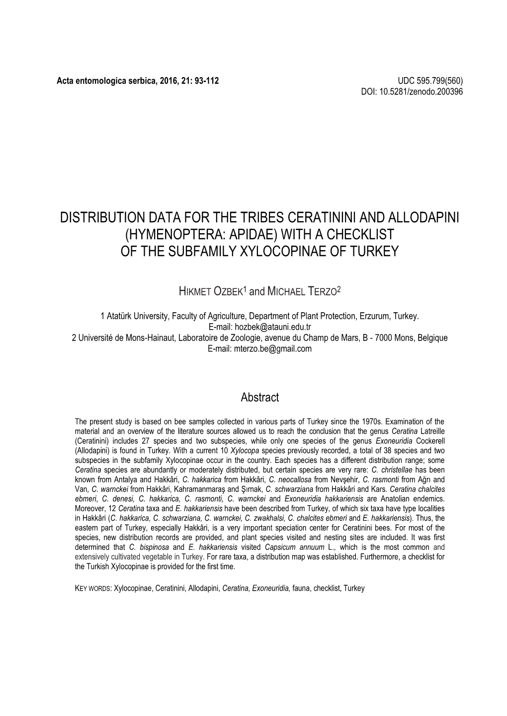 (Hymenoptera: Apidae) with a Checklist of the Subfamily Xylocopinae of Turkey