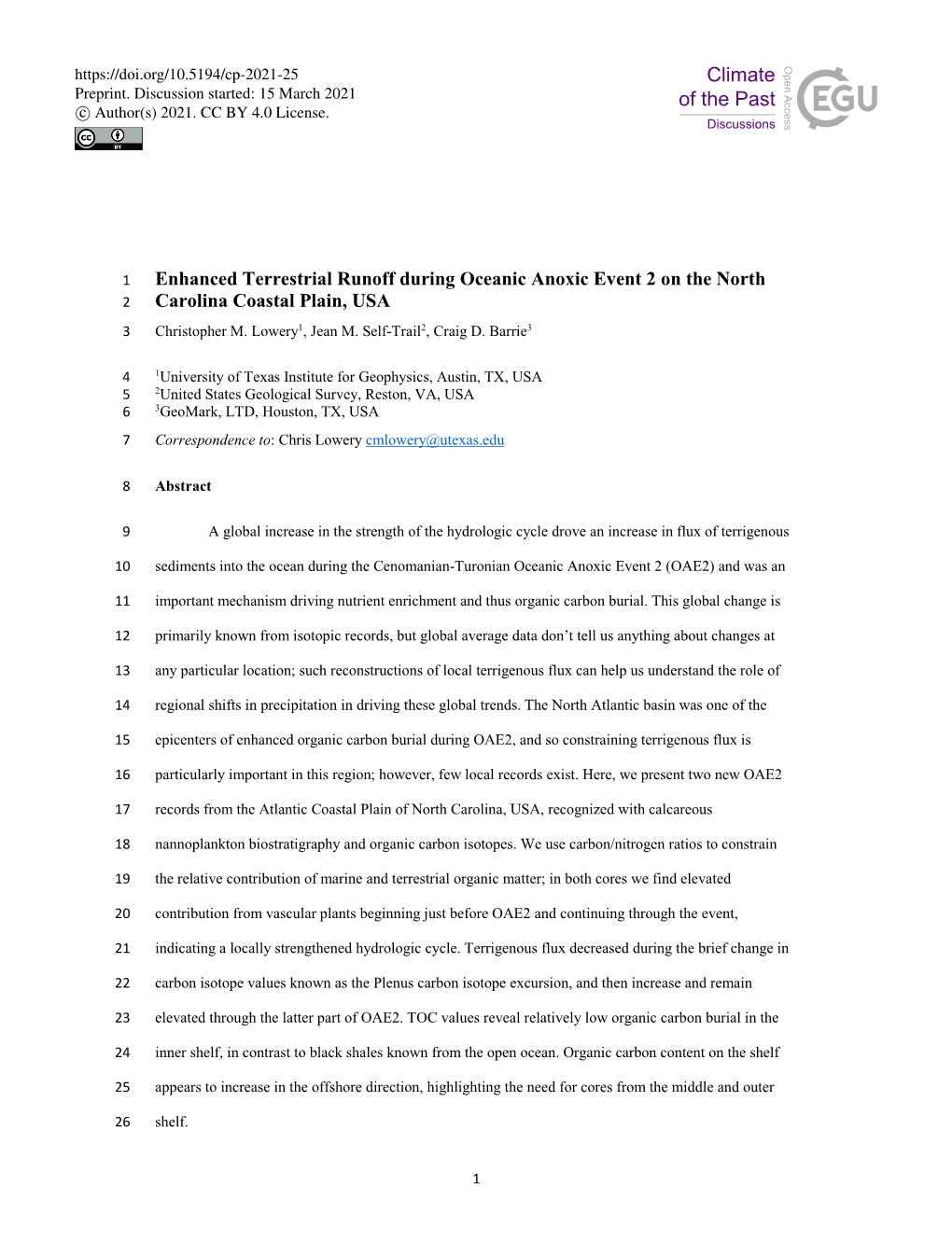 Enhanced Terrestrial Runoff During Oceanic Anoxic Event 2 on the North 2 Carolina Coastal Plain, USA 3 Christopher M