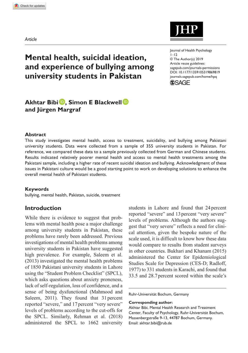 Mental Health, Suicidal Ideation, and Experience of Bullying Among