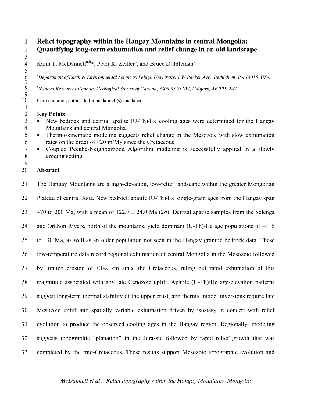 Relict Topography Within the Hangay Mountains in Central Mongolia: 2 Quantifying Long-Term Exhumation and Relief Change in an Old Landscape 3 4 Kalin T