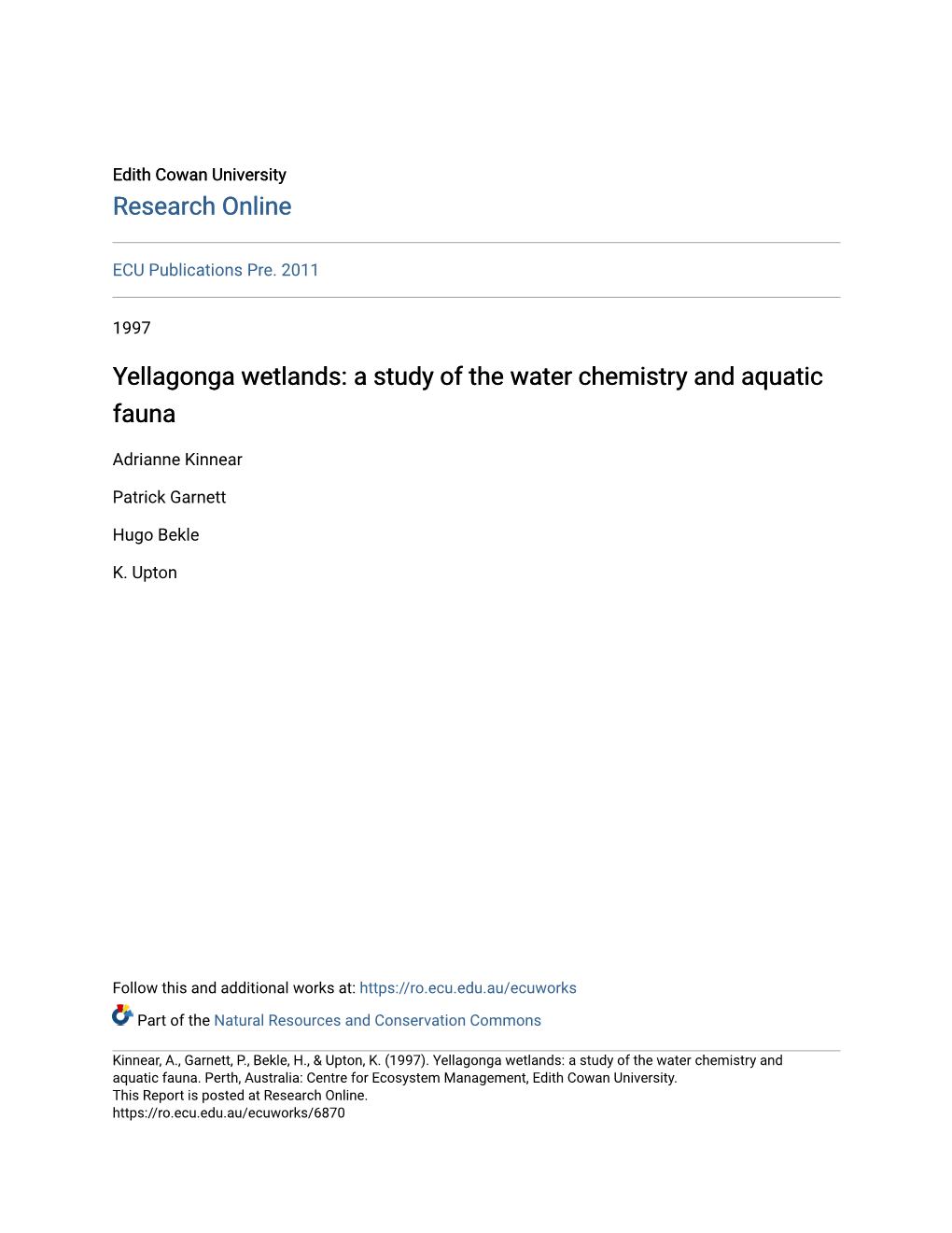 Yellagonga Wetlands: a Study of the Water Chemistry and Aquatic Fauna