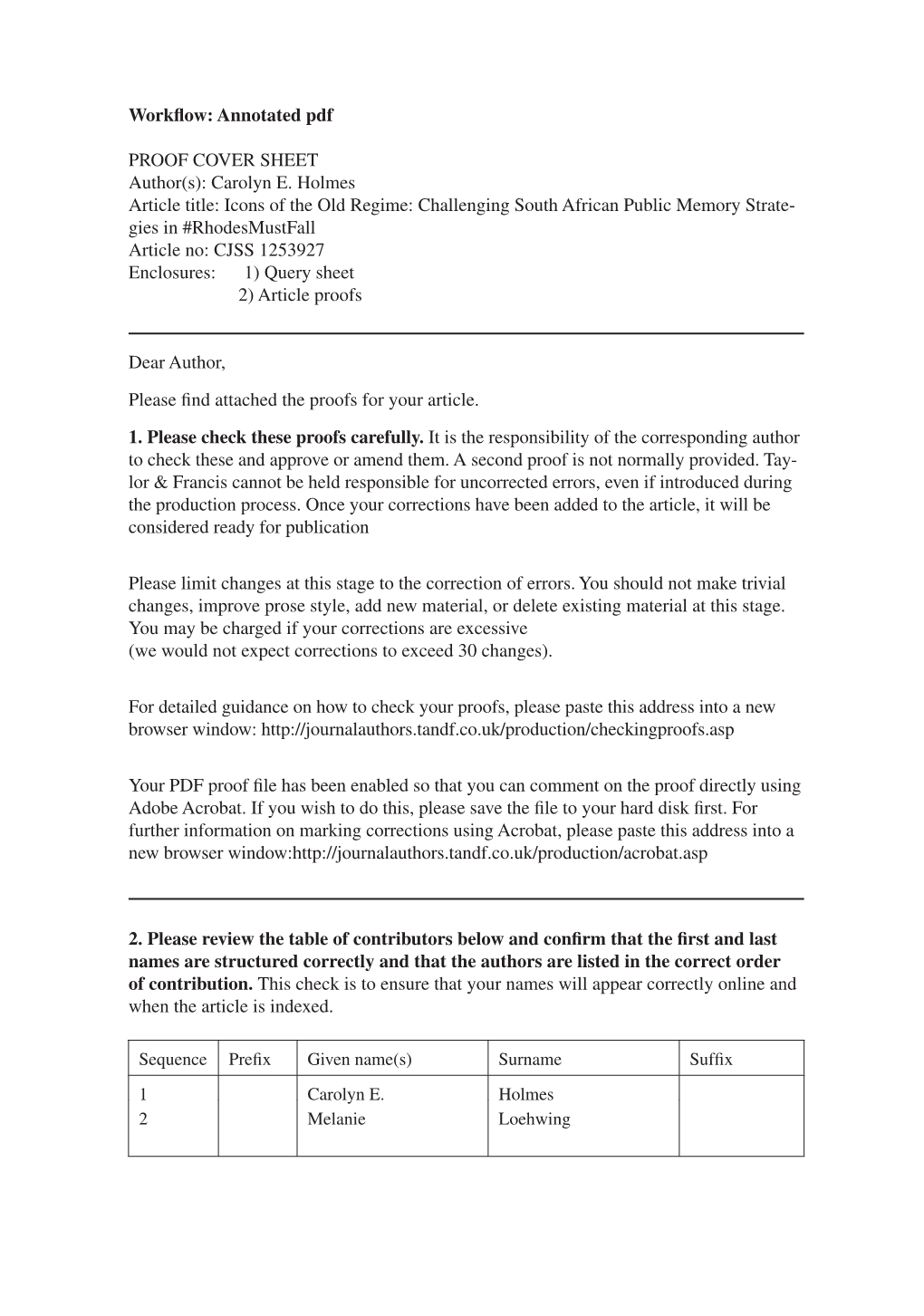 Icons of the Old Regime: Challenging South African Public Memory Strate- Gies in #Rhodesmustfall Article No: CJSS 1253927 Enclosures: 1) Query Sheet 2) Article Proofs