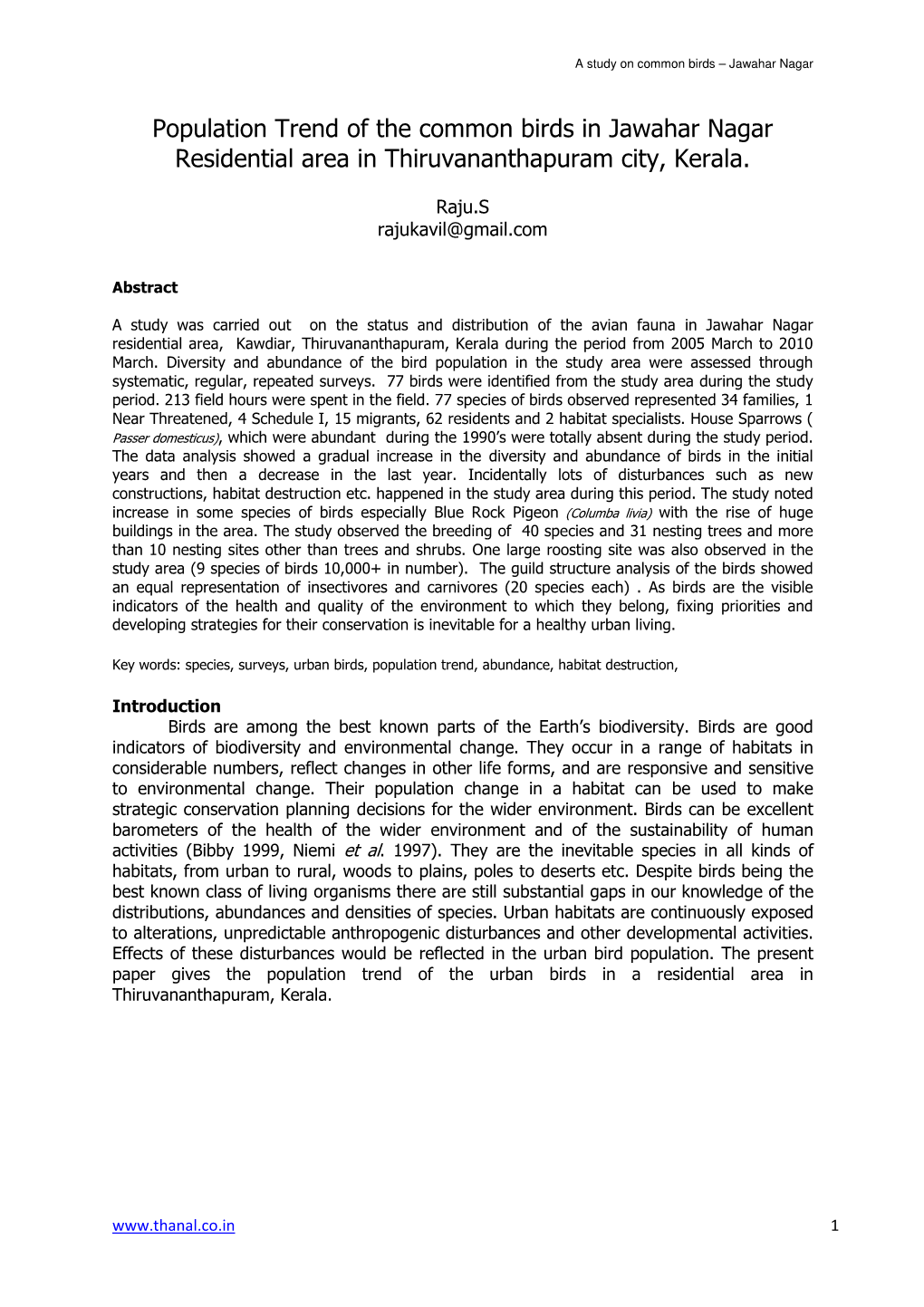 Population Trend of the Common Birds in Jawahar Nagar Residential Area in Thiruvananthapuram City, Kerala