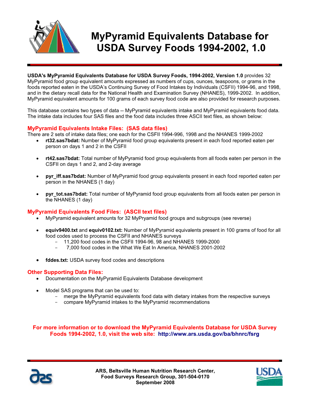 Mypyramid Equivalents Database for USDA Survey Foods 1994-2002, 1.0