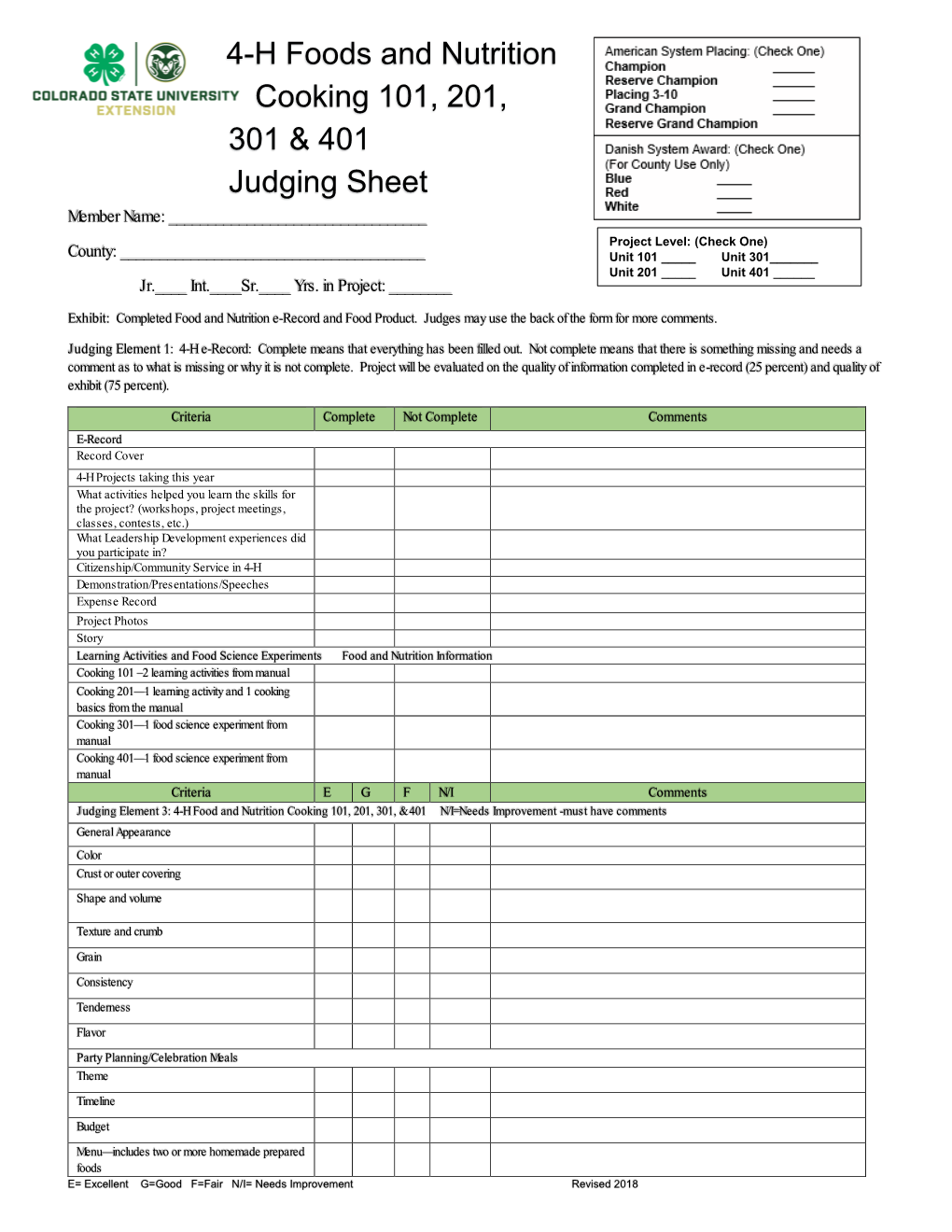 4-H Foods and Nutrition Cooking 101, 201, 301 & 401 Judging Sheet