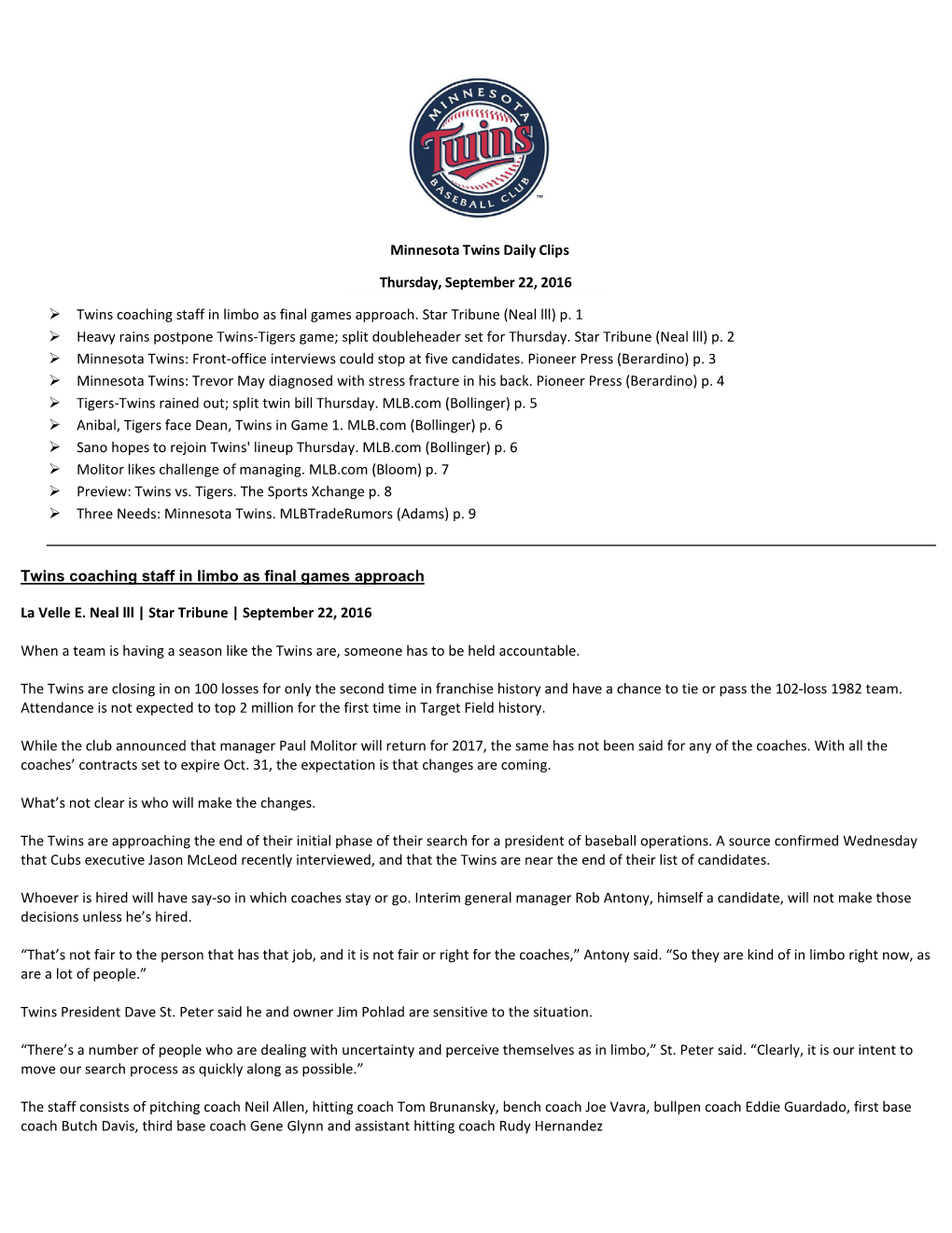 Minnesota Twins Daily Clips Thursday, September 22