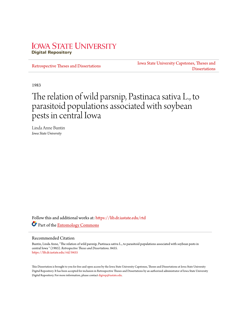 The Relation of Wild Parsnip, Pastinaca Sativa L., to Parasitoid Populations Associated with Soybean Pests in Central Iowa