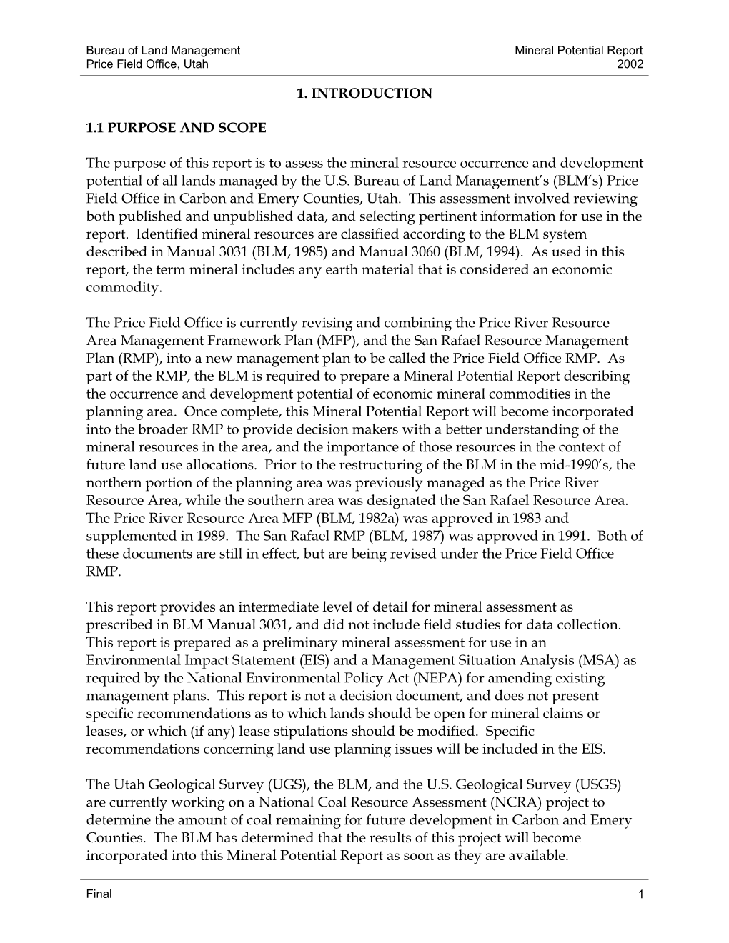 Bureau of Land Management Mineral Potential Report Price Field Office, Utah 2002