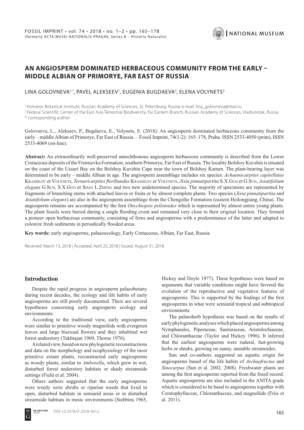 An Angiosperm Dominated Herbaceous Community from the Early – Middle Albian of Primorye, Far East of Russia