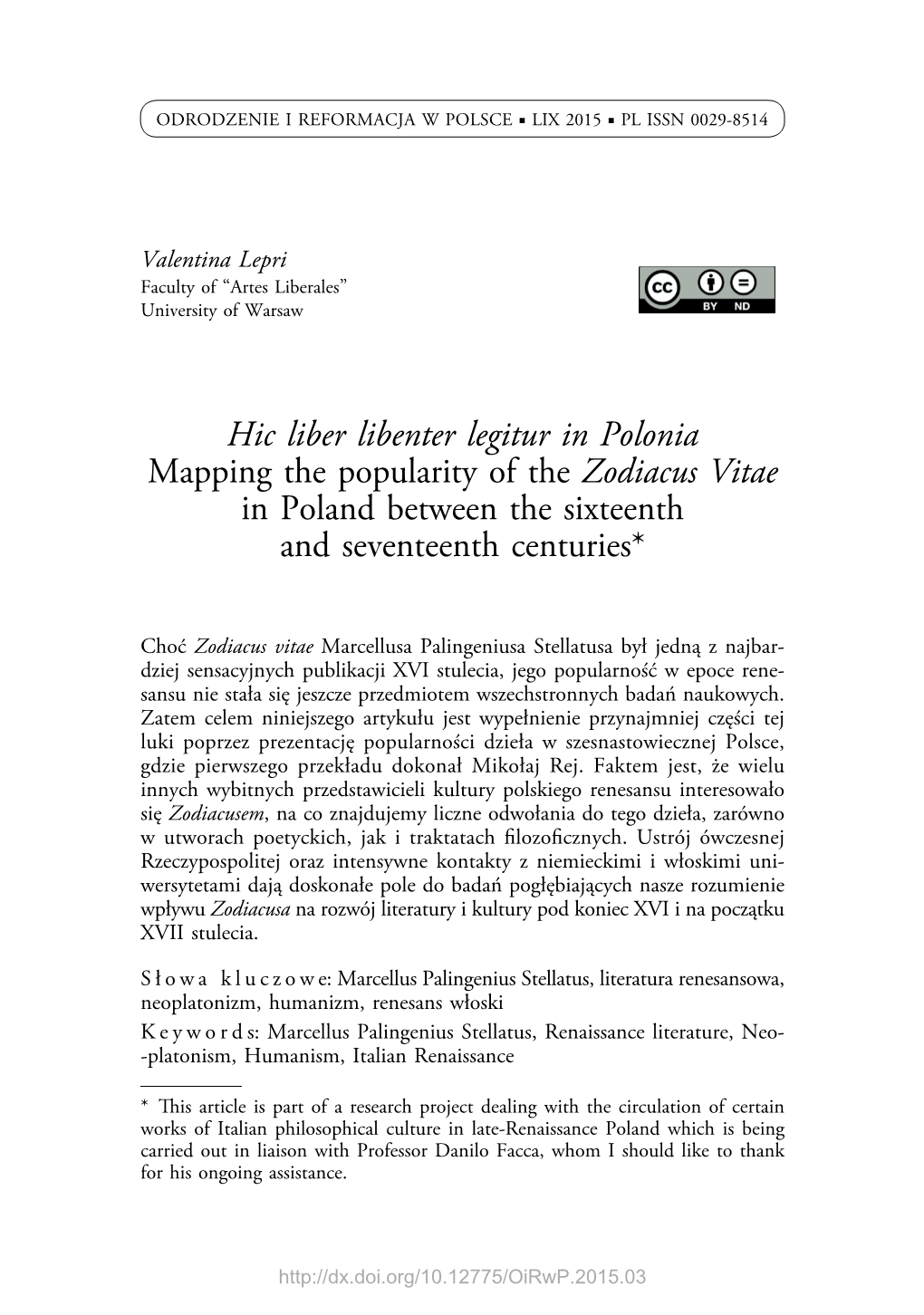 Hic Liber Libenter Legitur in Polonia Mapping the Popularity of the Zodiacus Vitae in Poland Between the Sixteenth and Seventeenth Centuries*