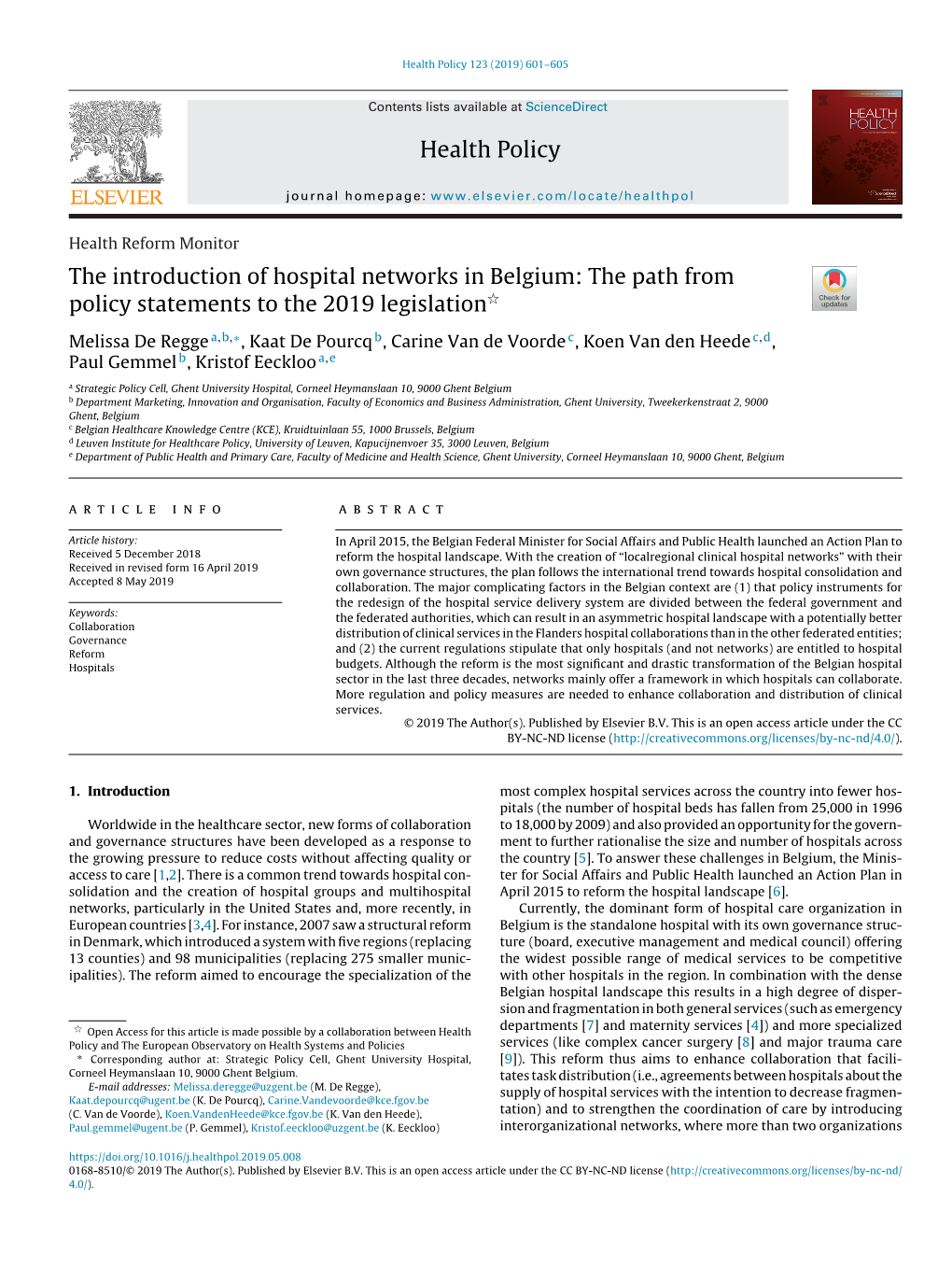 The Introduction of Hospital Networks in Belgium: the Path From